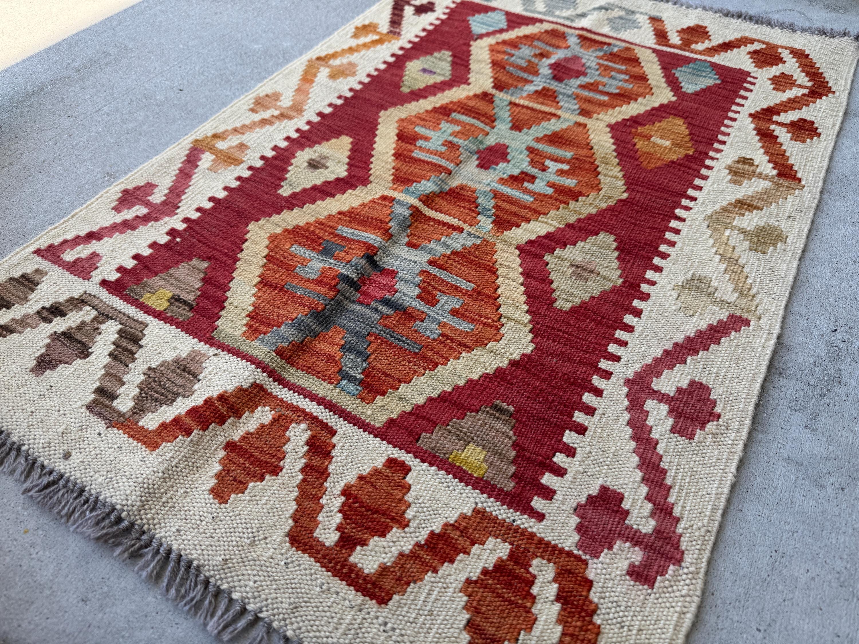 2x3 Handmade Afghan Kilim Rug | Cream White Beige Blood Red Tan Mocha Chocolate Brown Charcoal Light Grey Burnt Orange | Wool Flatwoven