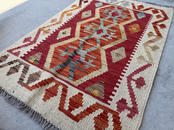 2x3 Handmade Afghan Kilim Rug | Cream White Beige Blood Red Tan Mocha Chocolate Brown Charcoal Light Grey Burnt Orange | Wool Flatwoven