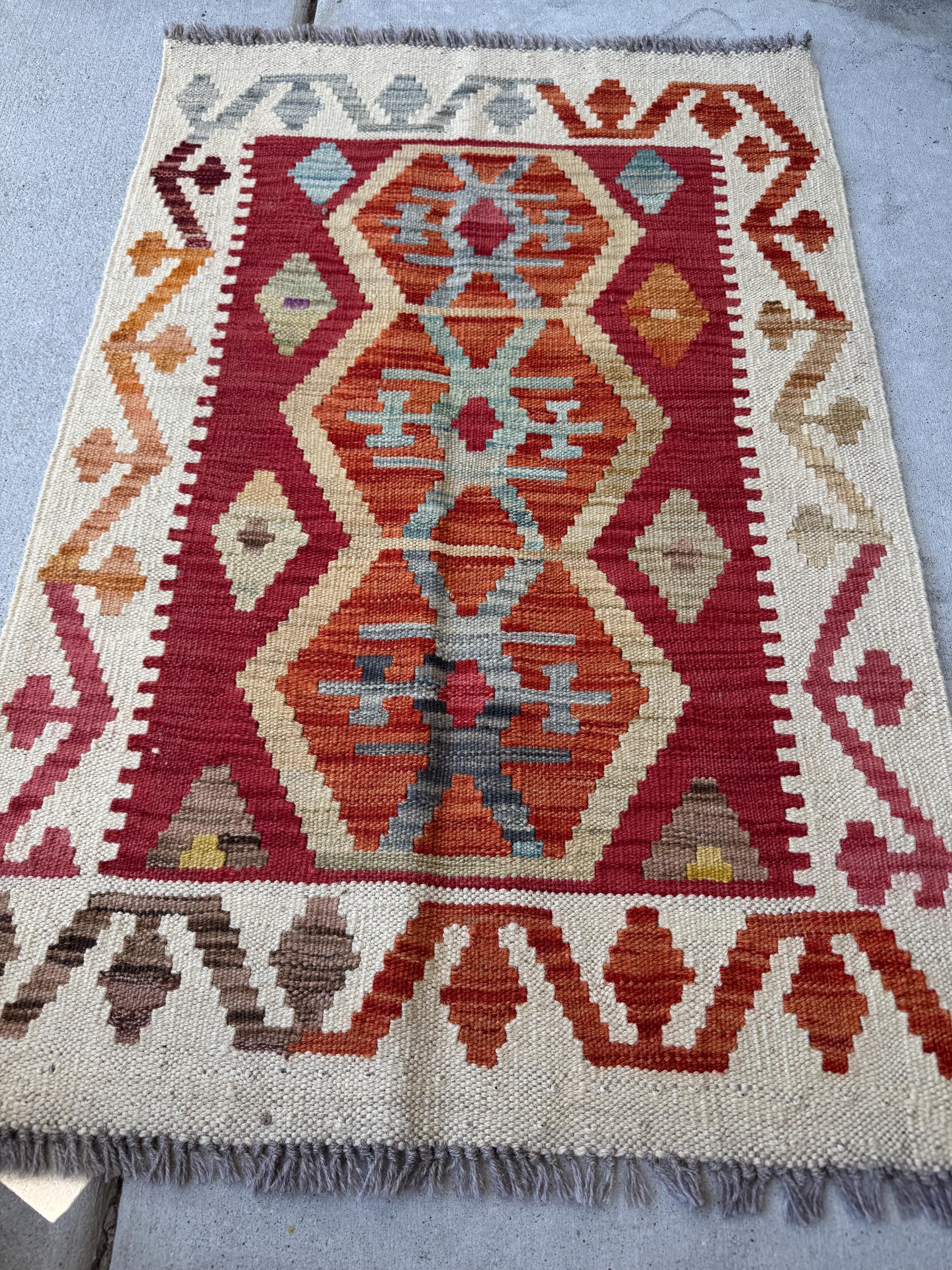 2x3 Handmade Afghan Kilim Rug | Cream White Beige Blood Red Tan Mocha Chocolate Brown Charcoal Light Grey Burnt Orange | Wool Flatwoven
