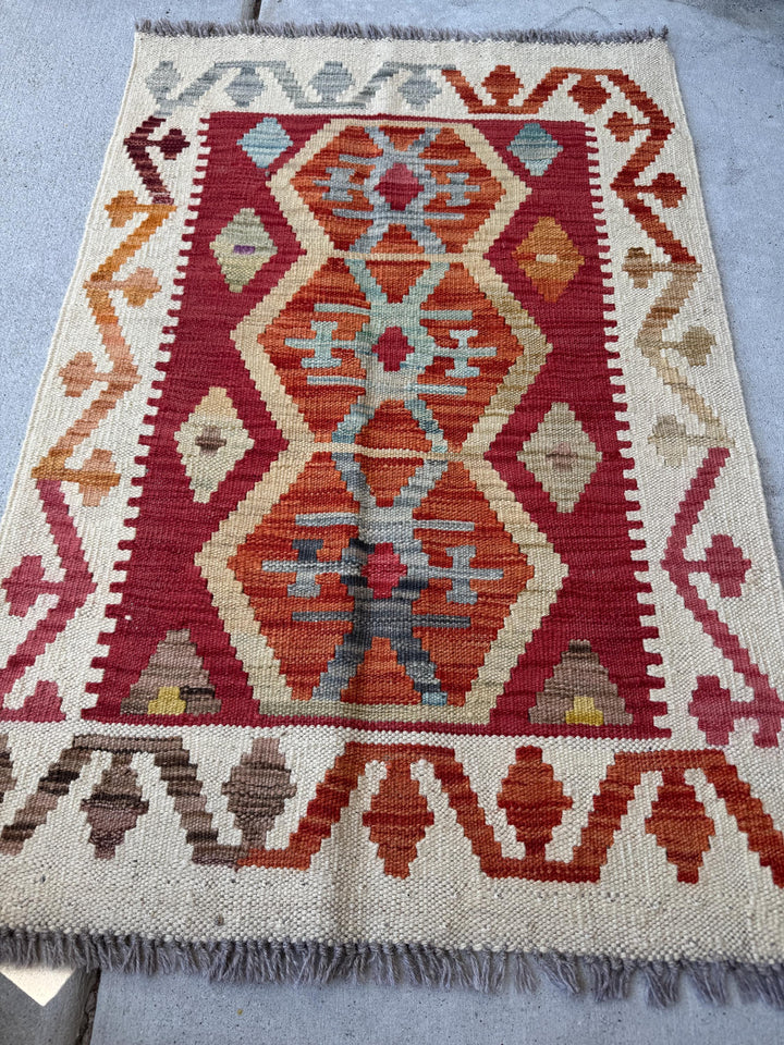2x3 Handmade Afghan Kilim Rug | Cream White Beige Blood Red Tan Mocha Chocolate Brown Charcoal Light Grey Burnt Orange | Wool Flatwoven