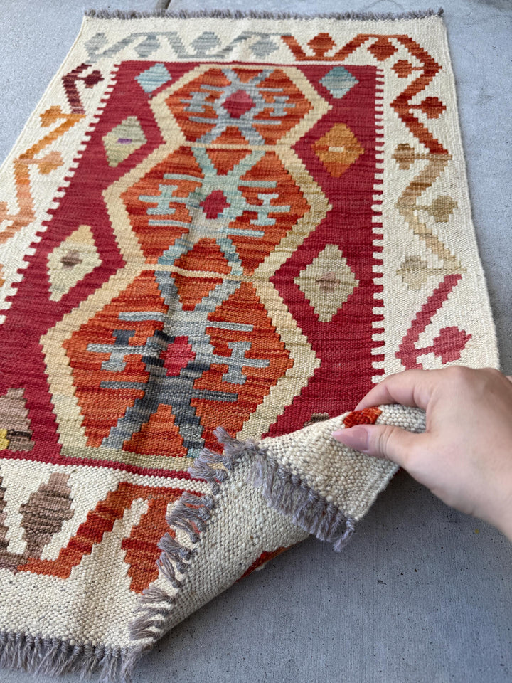 2x3 Handmade Afghan Kilim Rug | Cream White Beige Blood Red Tan Mocha Chocolate Brown Charcoal Light Grey Burnt Orange | Wool Flatwoven