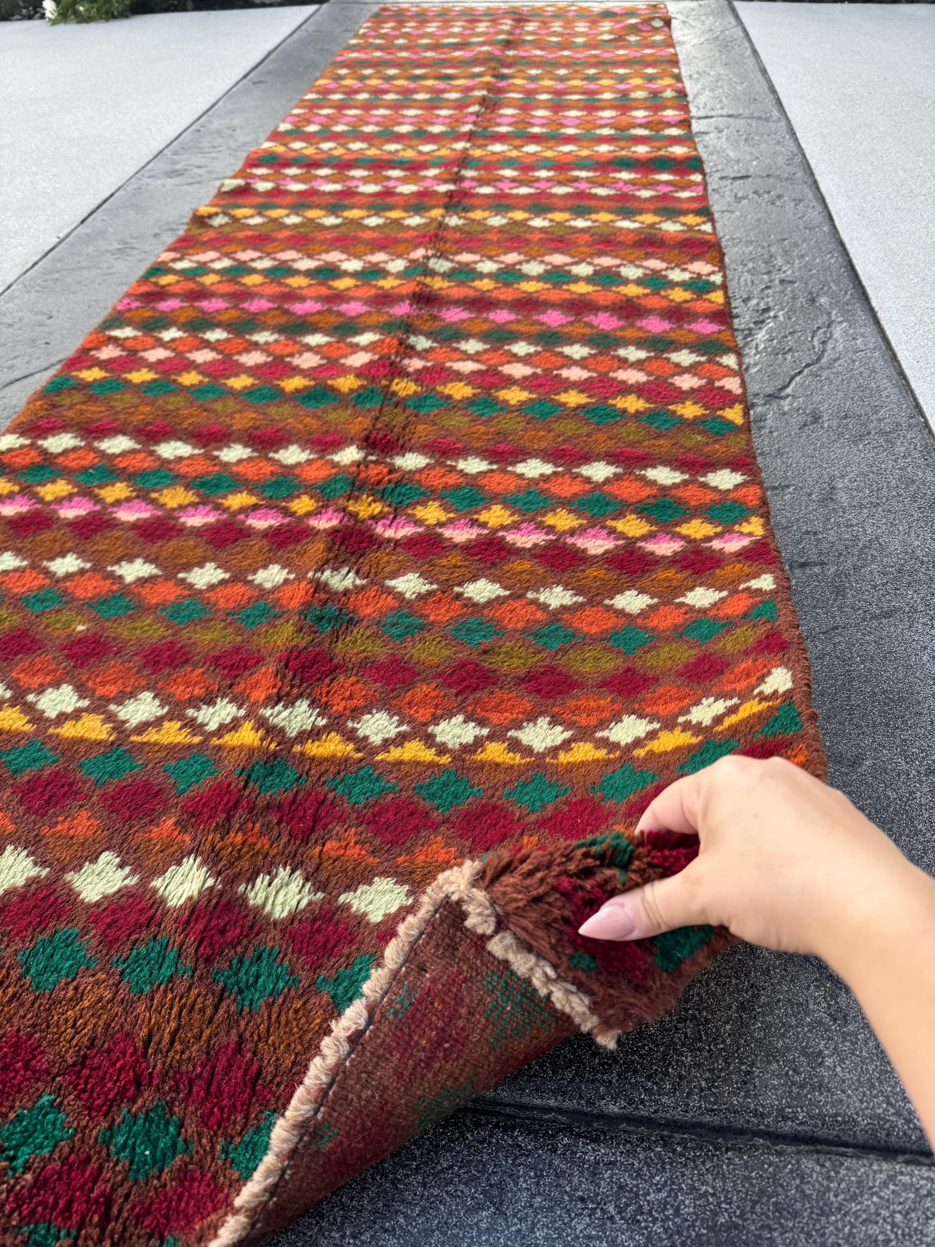 3x10 Handmade Vintage Afghan Baluch Runner Rug | Chocolate Brown Mint Forest Olive Green Rose Salmon Pink Burnt Orange Rust Red Mustard