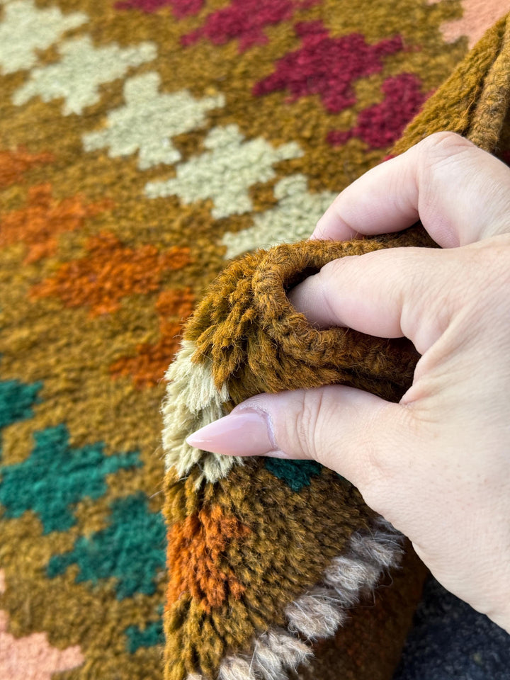 3x10 Handmade Vintage Afghan Baluch Runner Rug | Chocolate Brown Forest Olive Green Rose Salmon Pink Orange Rust Red Mustard Blue Grey