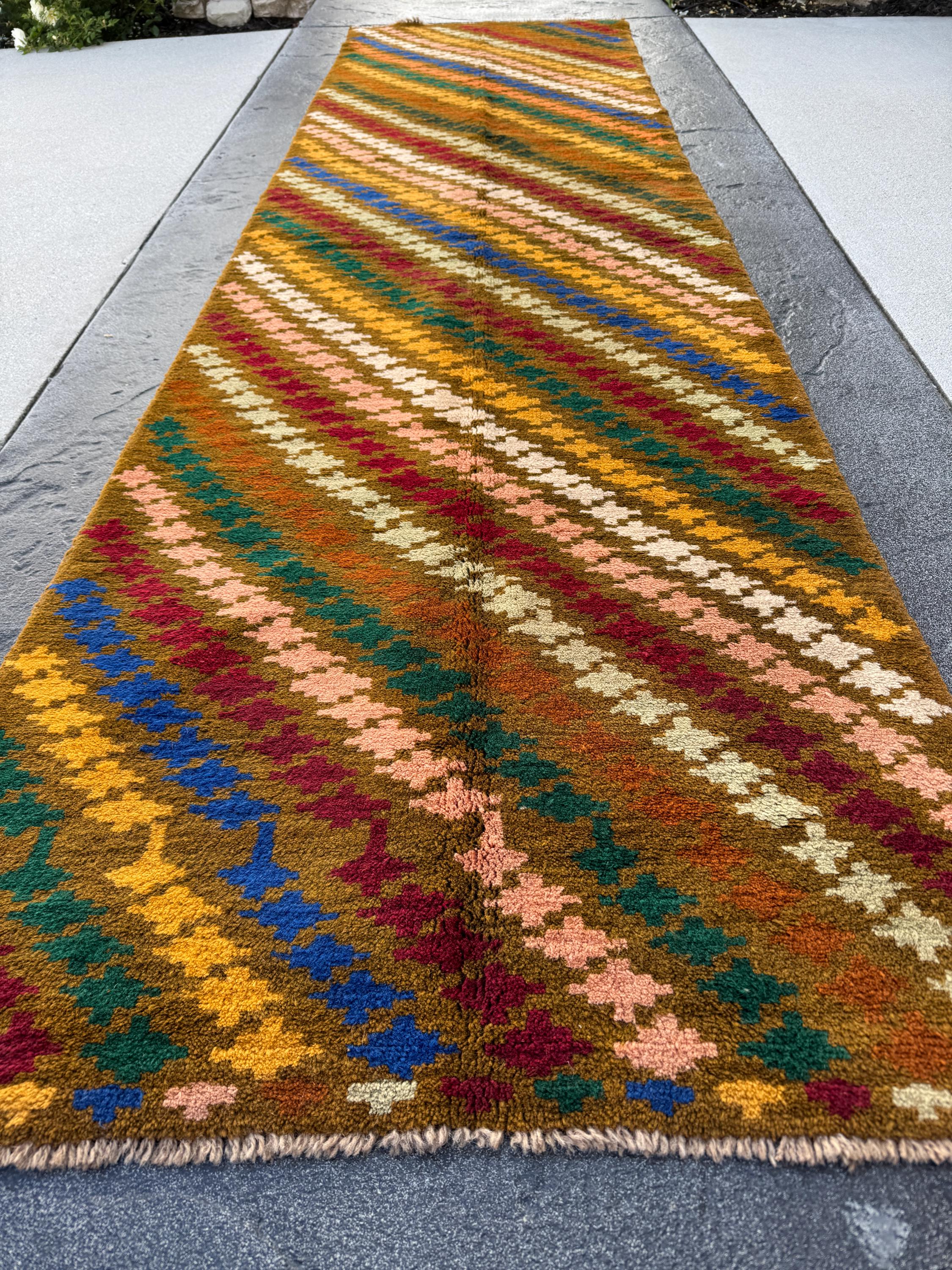 3x10 Handmade Vintage Afghan Baluch Runner Rug | Chocolate Brown Forest Olive Green Rose Salmon Pink Orange Rust Red Mustard Blue Grey