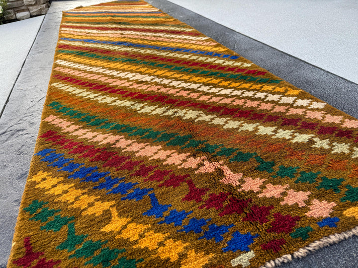 3x10 Handmade Vintage Afghan Baluch Runner Rug | Chocolate Brown Forest Olive Green Rose Salmon Pink Orange Rust Red Mustard Blue Grey