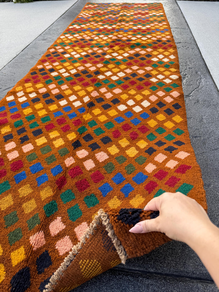 3x10 (90x305) Handmade Vintage Afghan Baluch Runner Rug | Chocolate Mustard Yellow Black Rose Pink Forest Green Gold Cream White Blood Red