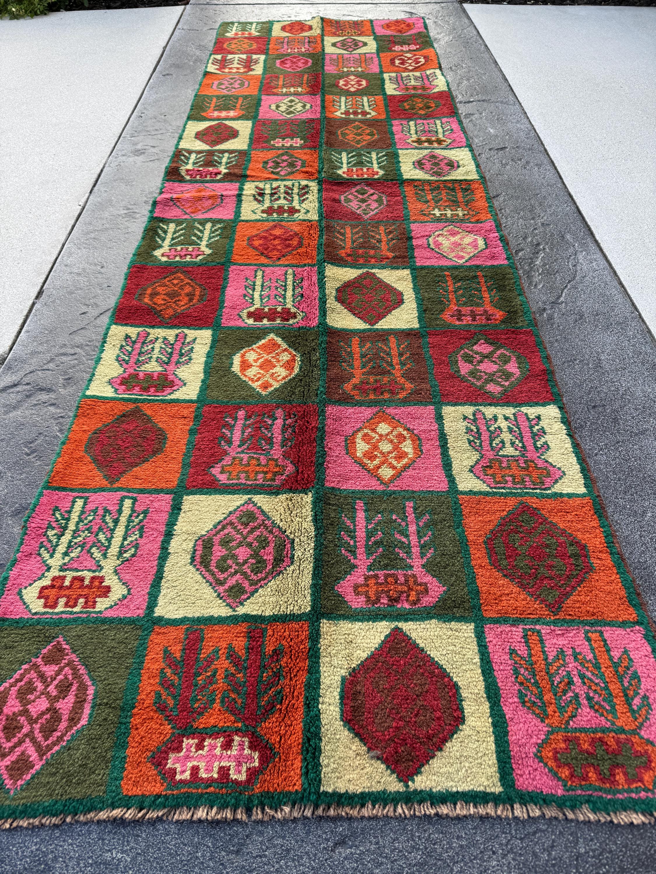 3x9 (90x275) Handmade Vintage Afghan Baluch Runner Rug | Forest Green Rose Pink Burnt Orange Cream Beige White Chocolate Blood Red Olive