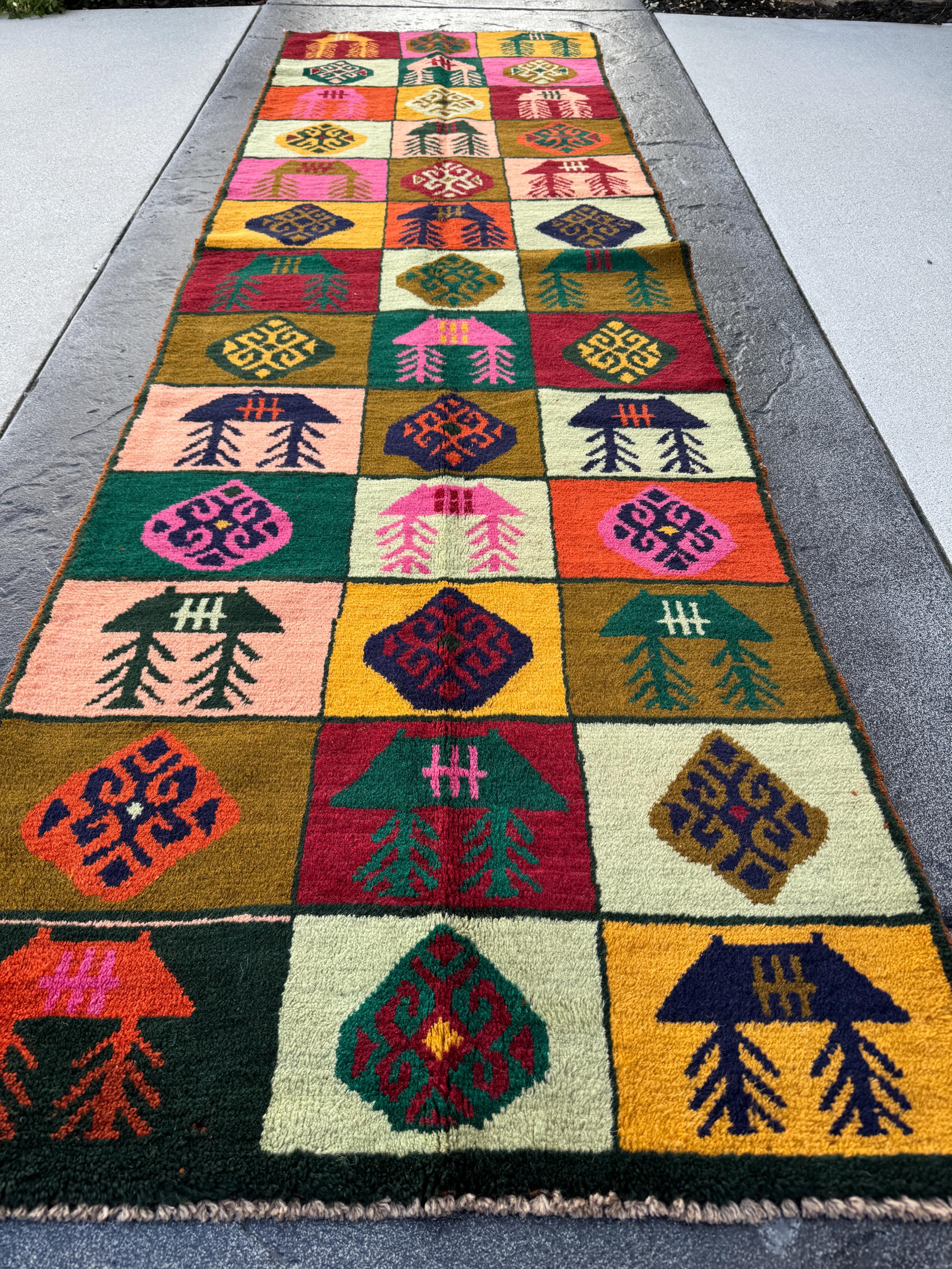 3x10 Handmade Vintage Afghan Baluch Runner Rug | Forest Green Rose Pink Chocolate Mocha Midnight Blue Cream White Beige Burnt Orange Mustard