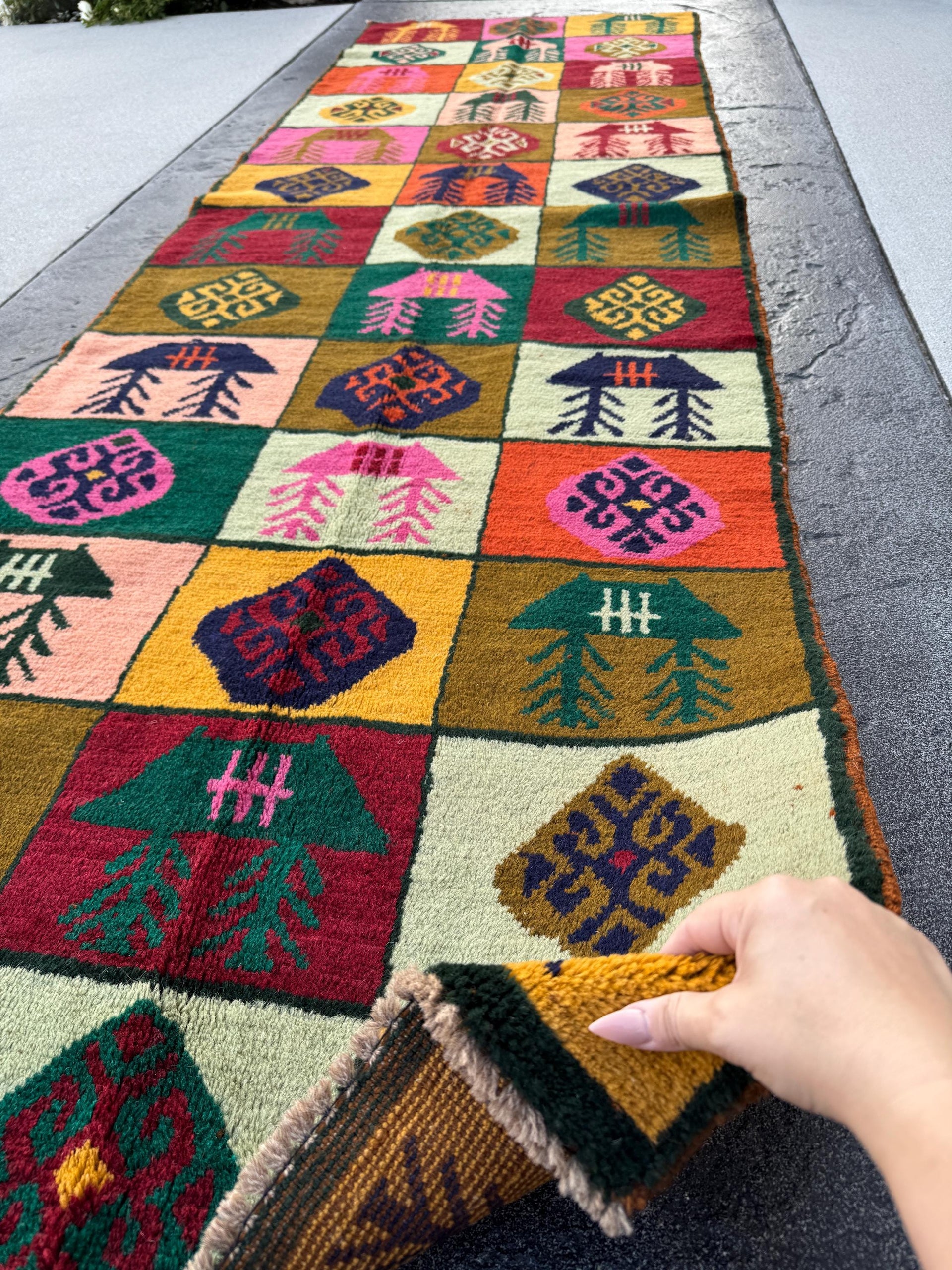 3x10 Handmade Vintage Afghan Baluch Runner Rug | Forest Green Rose Pink Chocolate Mocha Midnight Blue Cream White Beige Burnt Orange Mustard