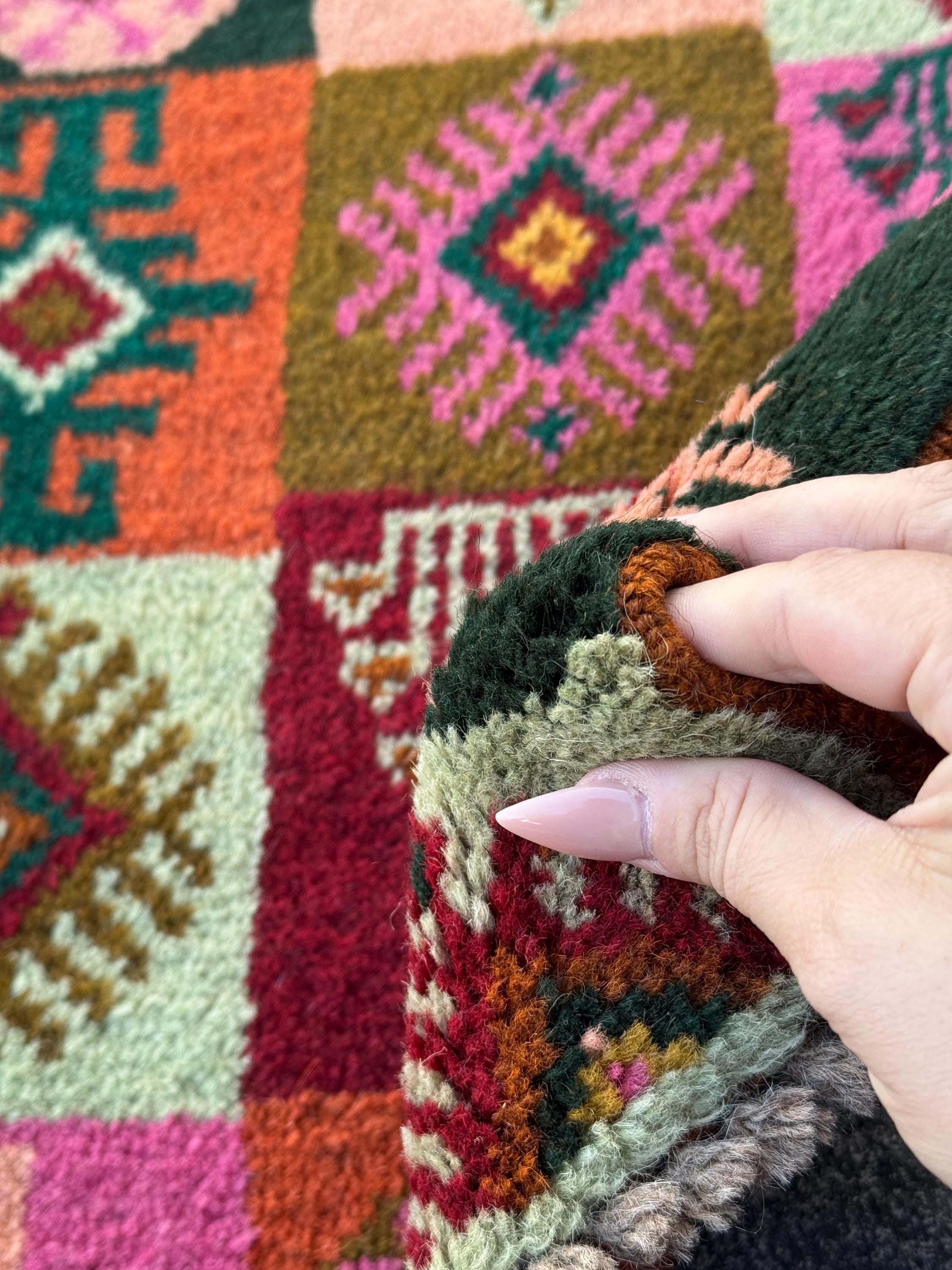 3x10 (90x305) Handmade Vintage Afghan Baluch Runner Rug | Forest Green Burnt Orange Chocolate Brown Rose Salmon Pink Brick Red Gold Mint