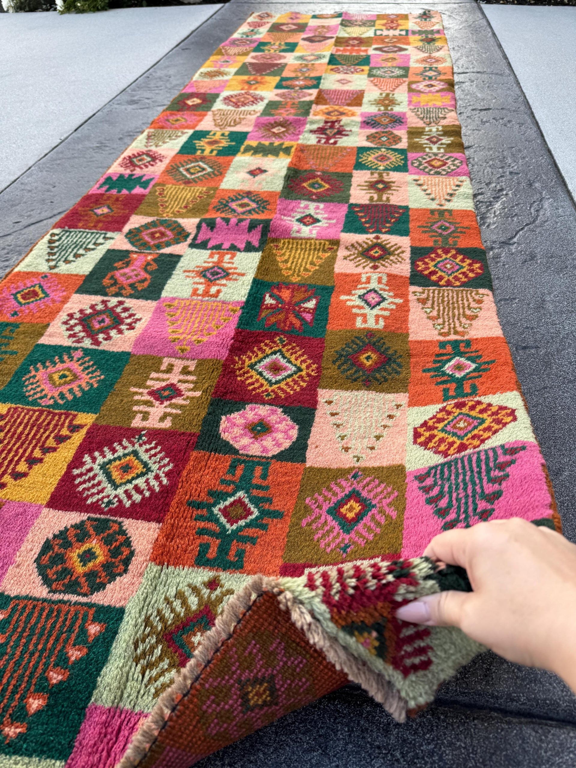 3x10 (90x305) Handmade Vintage Afghan Baluch Runner Rug | Forest Green Burnt Orange Chocolate Brown Rose Salmon Pink Brick Red Gold Mint