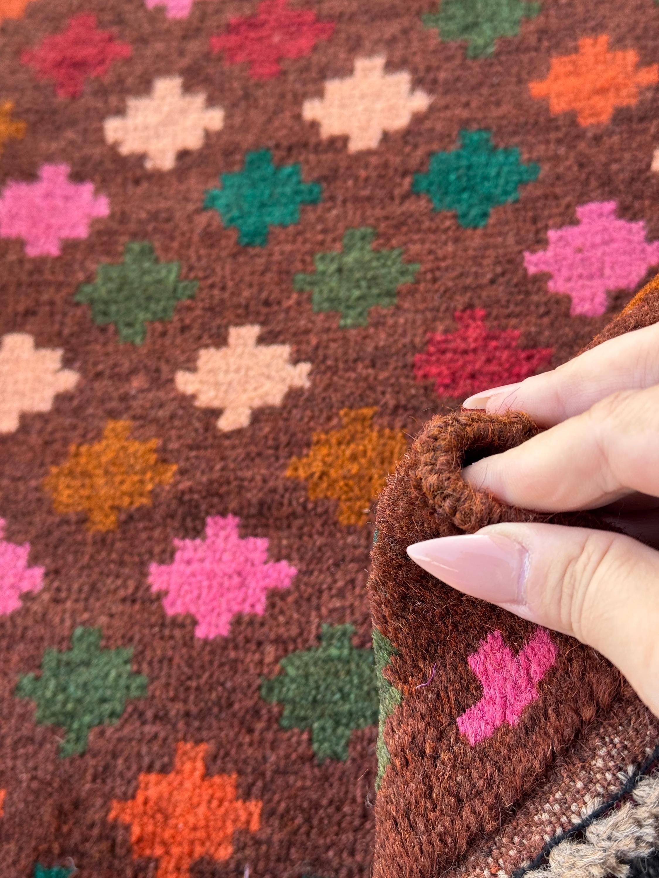 3x9 (90x275) Handmade Vintage Afghan Baluch Runner Rug | Chocolate Brown Forest Moss Green Rose Salmon Pink Burnt Orange Brick Red | Wool