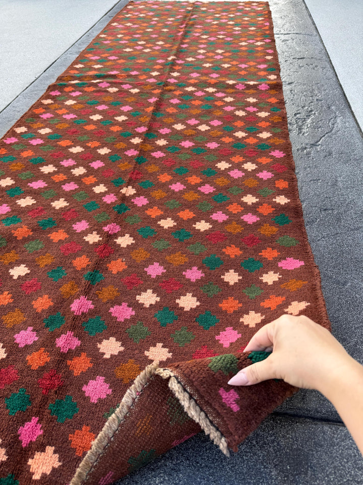3x9 (90x275) Handmade Vintage Afghan Baluch Runner Rug | Chocolate Brown Forest Moss Green Rose Salmon Pink Burnt Orange Brick Red | Wool
