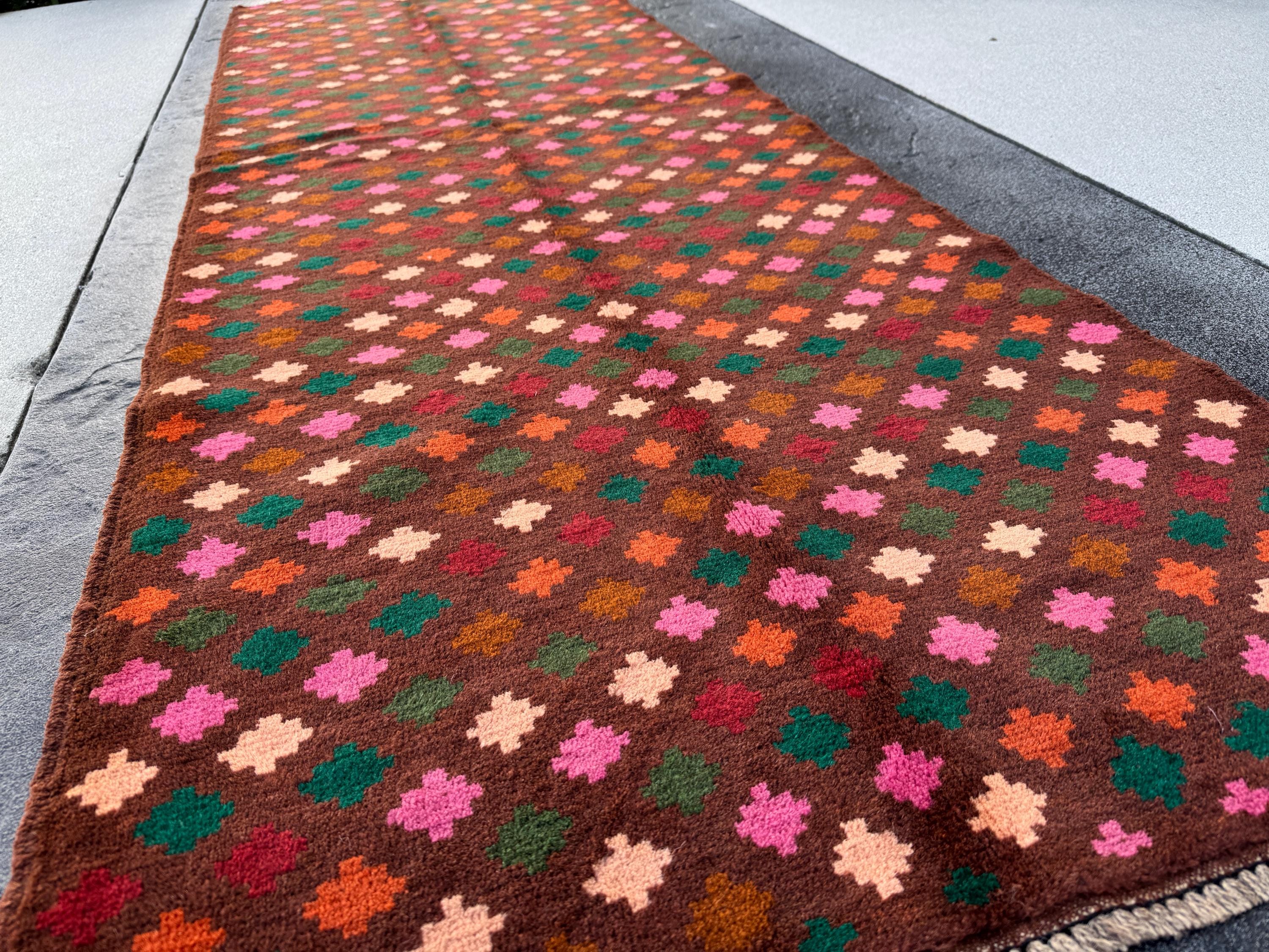 3x9 (90x275) Handmade Vintage Afghan Baluch Runner Rug | Chocolate Brown Forest Moss Green Rose Salmon Pink Burnt Orange Brick Red | Wool