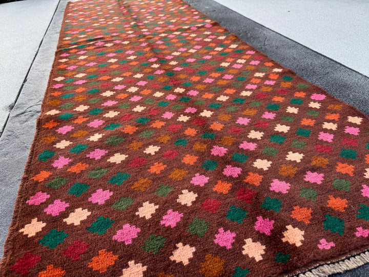 3x9 (90x275) Handmade Vintage Afghan Baluch Runner Rug | Chocolate Brown Forest Moss Green Rose Salmon Pink Burnt Orange Brick Red | Wool