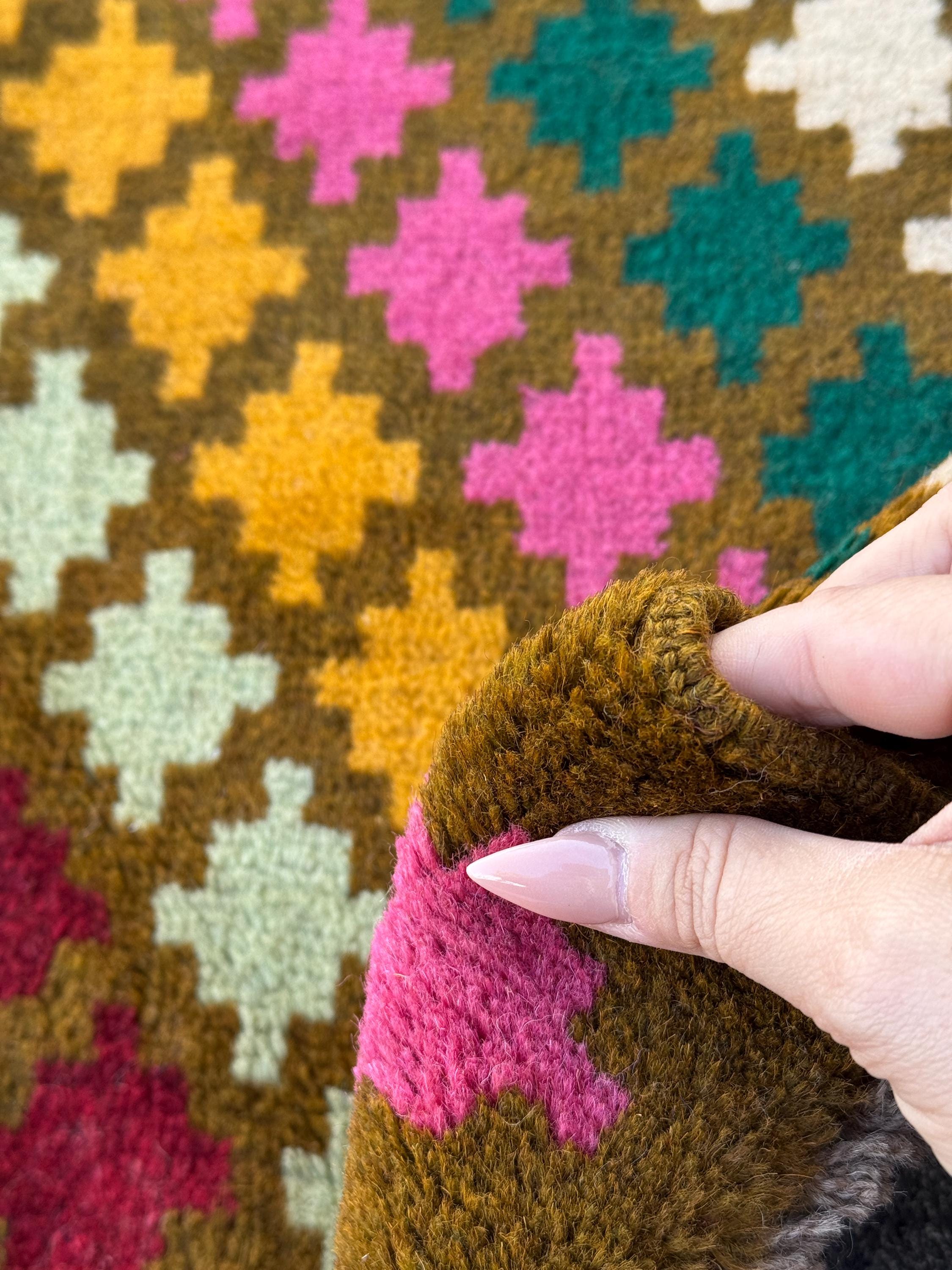 3x10 Handmade Vintage Afghan Baluch Runner Rug | Moss Green Brick Red Rose Salmon Pink Mint Forest Gold Cream White Chocolate Brown Blue