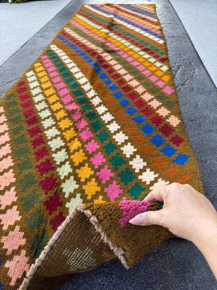 3x10 Handmade Vintage Afghan Baluch Runner Rug | Moss Green Brick Red Rose Salmon Pink Mint Forest Gold Cream White Chocolate Brown Blue