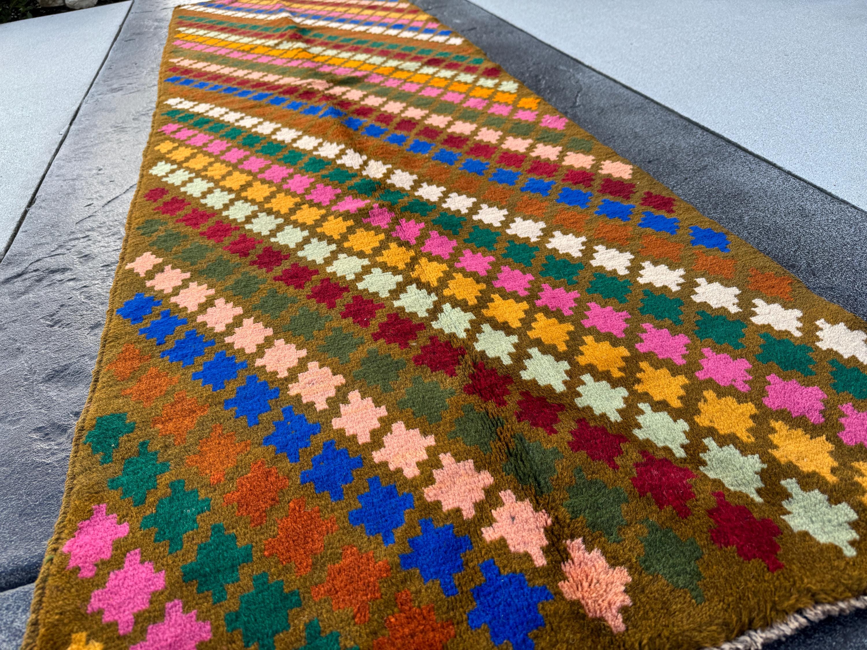 3x10 Handmade Vintage Afghan Baluch Runner Rug | Moss Green Brick Red Rose Salmon Pink Mint Forest Gold Cream White Chocolate Brown Blue