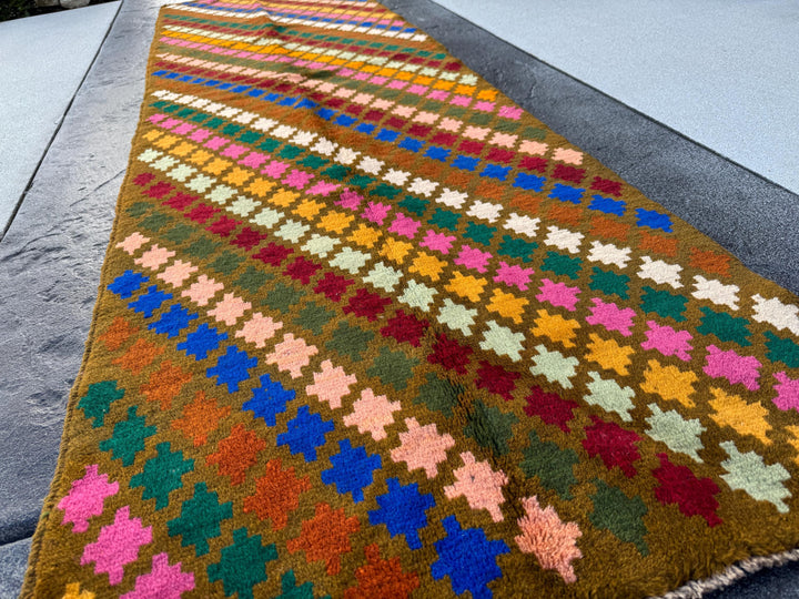 3x10 Handmade Vintage Afghan Baluch Runner Rug | Moss Green Brick Red Rose Salmon Pink Mint Forest Gold Cream White Chocolate Brown Blue