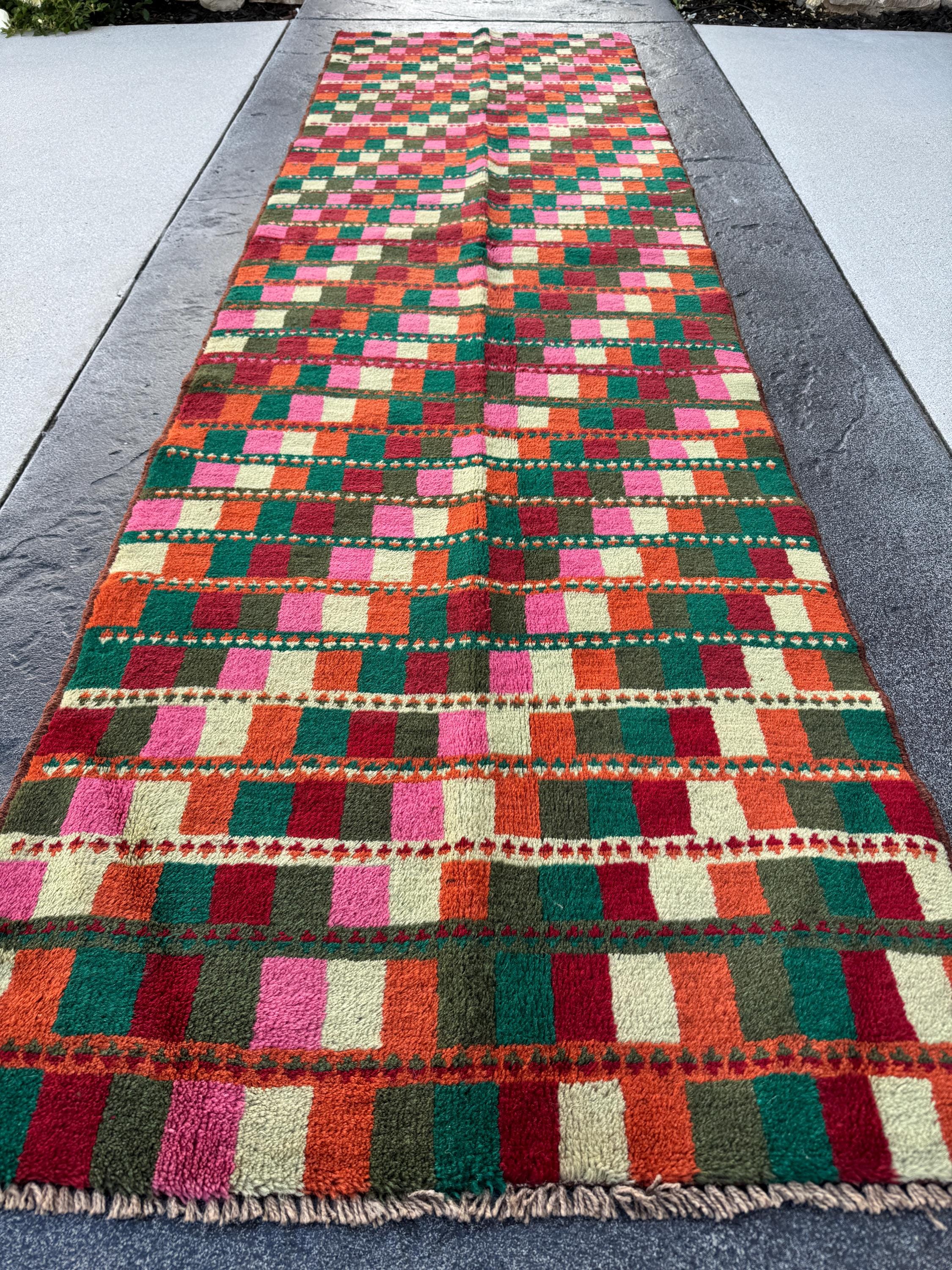 3x10 Handmade Vintage Afghan Baluch Runner Rug | Forest Pine Green Burnt Orange Brick Red Cream White Rose Pink | Wool Flatwoven