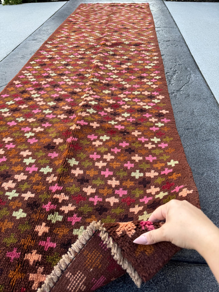 3x10 (90x305) Handmade Vintage Afghan Baluch Runner Rug | Chocolate Brown Rose Salmon Pink Pine Green Mocha Cream White Coffee | Flatwoven