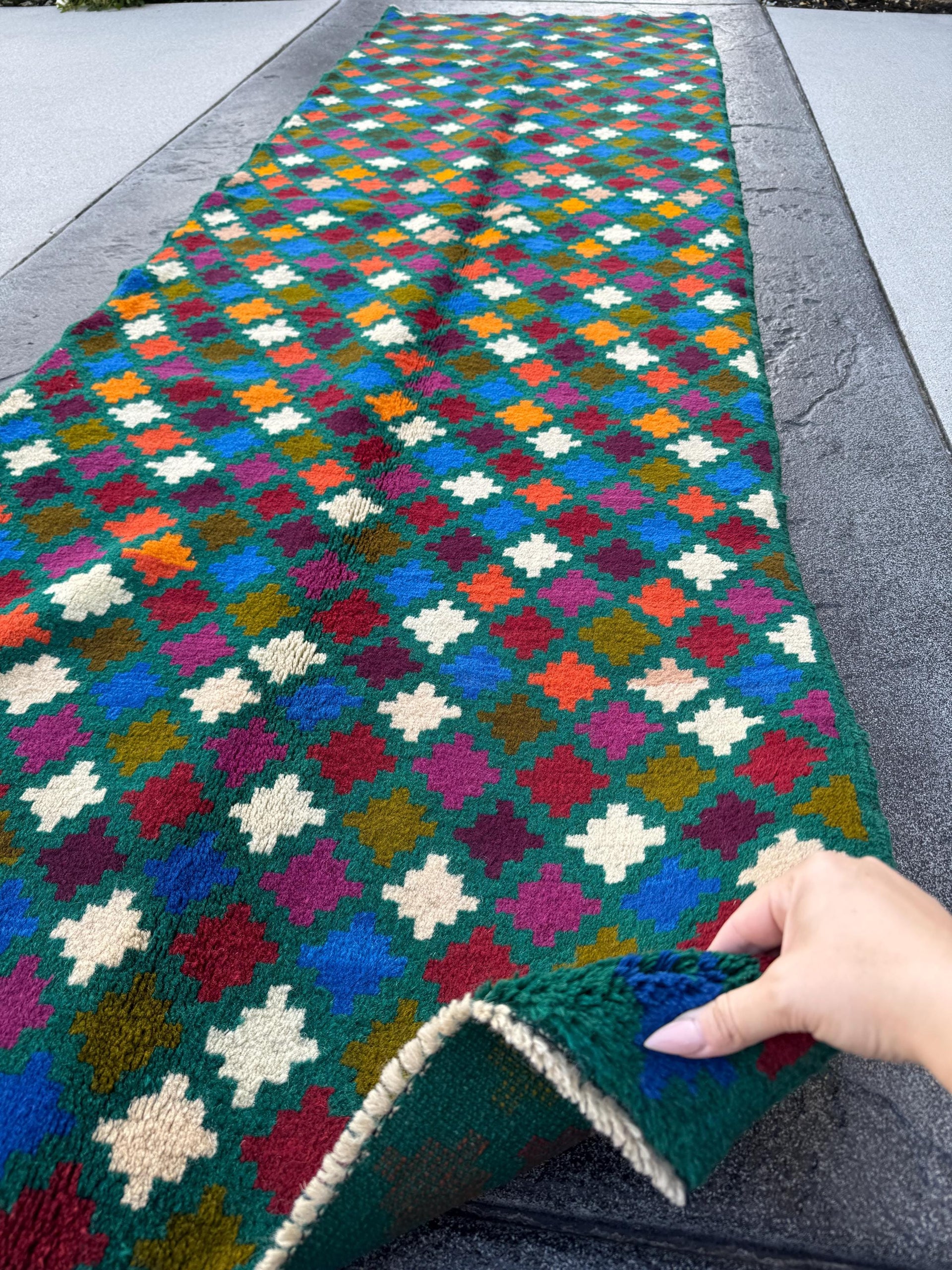 3x10 (90x305) Handmade Vintage Afghan Baluch Runner Rug | Pine Forest Green Purple Cream White Brick Red Burnt Orange Moss Blue Maroon