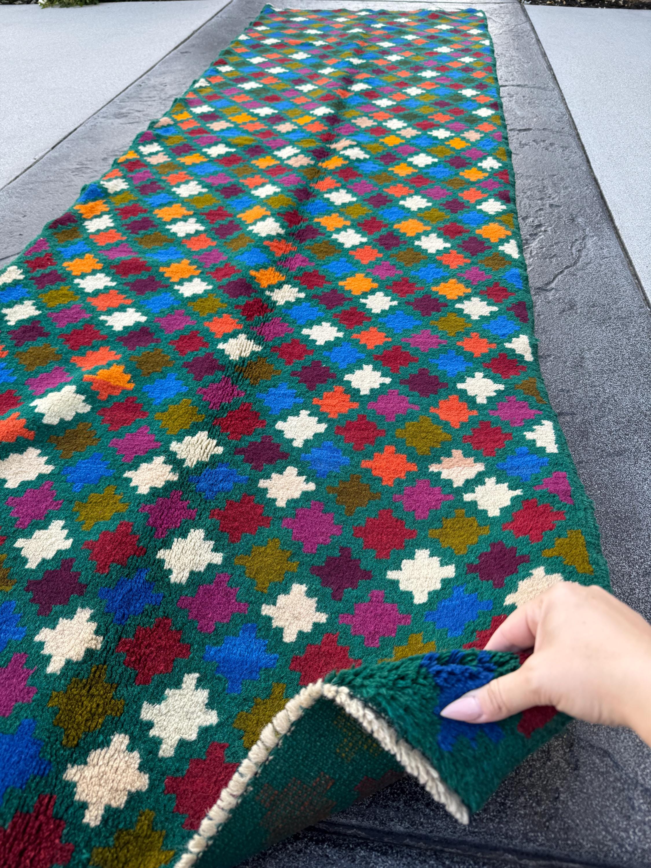 3x10 (90x305) Handmade Vintage Afghan Baluch Runner Rug | Pine Forest Green Purple Cream White Brick Red Burnt Orange Moss Blue Maroon