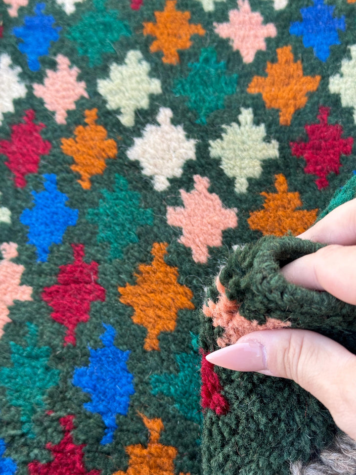 3x10 (90x305) Handmade Vintage Afghan Baluch Runner Rug | Pine Forest Green Purple Cream White Brick Red Burnt Orange Blue oe Pink | Wool