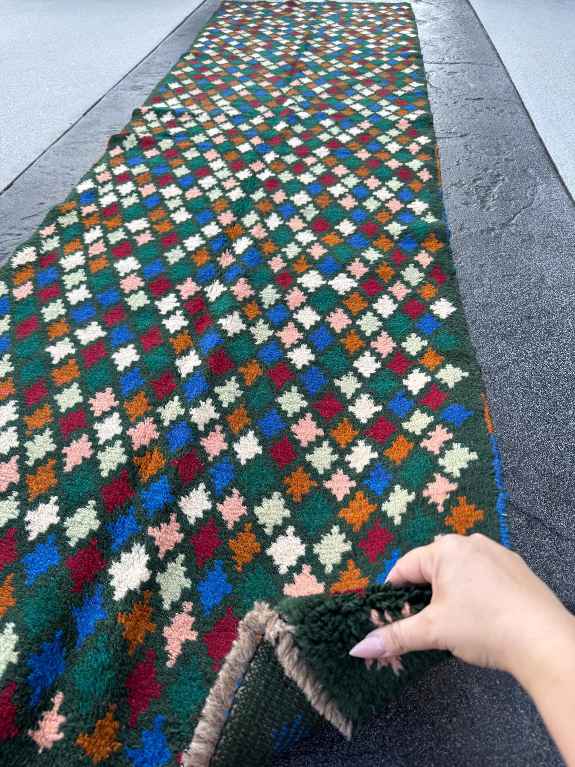 3x10 (90x305) Handmade Vintage Afghan Baluch Runner Rug | Pine Forest Green Purple Cream White Brick Red Burnt Orange Blue oe Pink | Wool