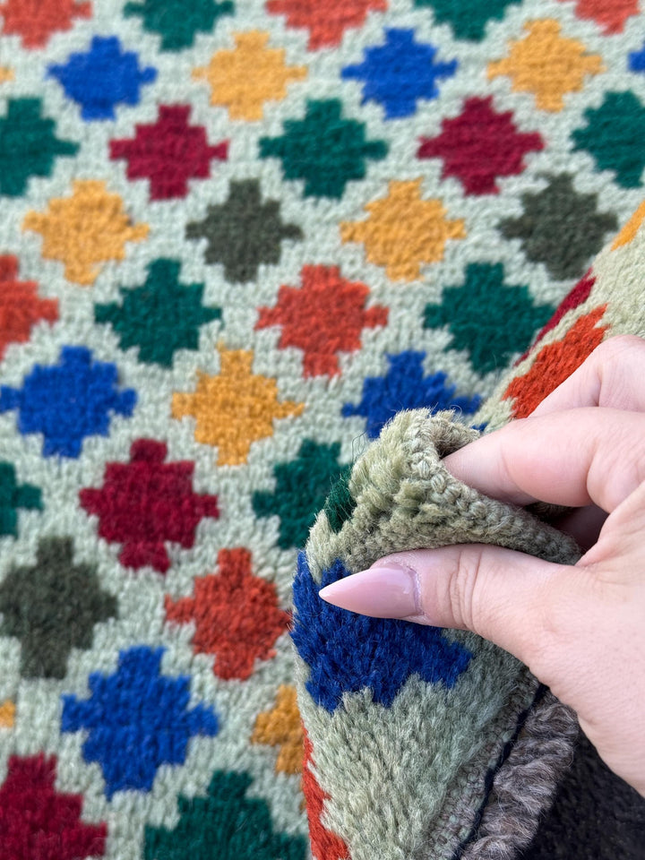 3x9 (90x275) Handmade Vintage Afghan Baluch Runner Rug | Mint Forest Pine Green Burnt Orange Brick Red Mustard Blue | Wool Flatwoven