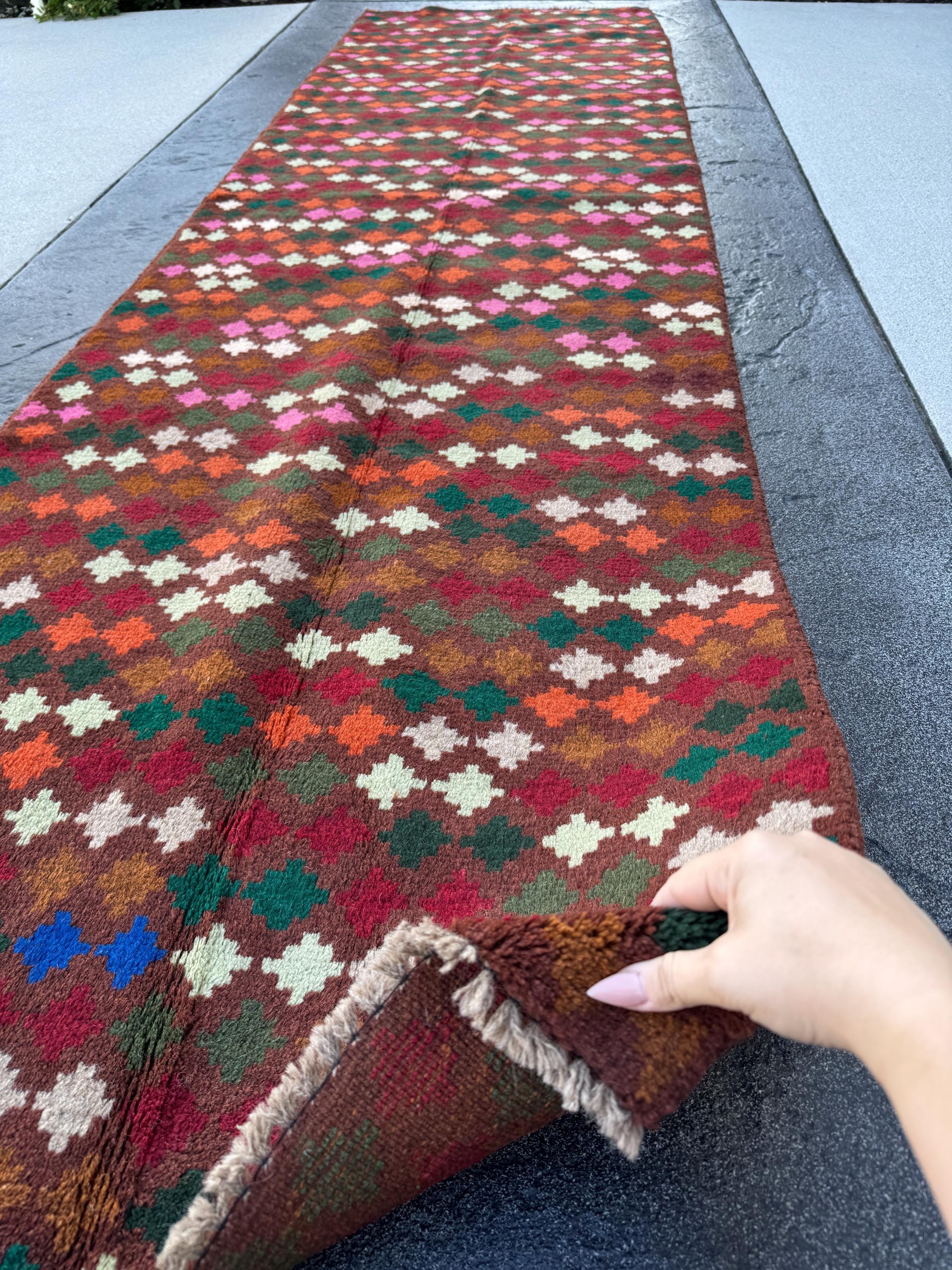3x9 (90x275) Handmade Vintage Afghan Baluch Runner Rug | Chocolate Brown Forest Pine Moss Green Mint Cream White Burnt Orange Brick Red