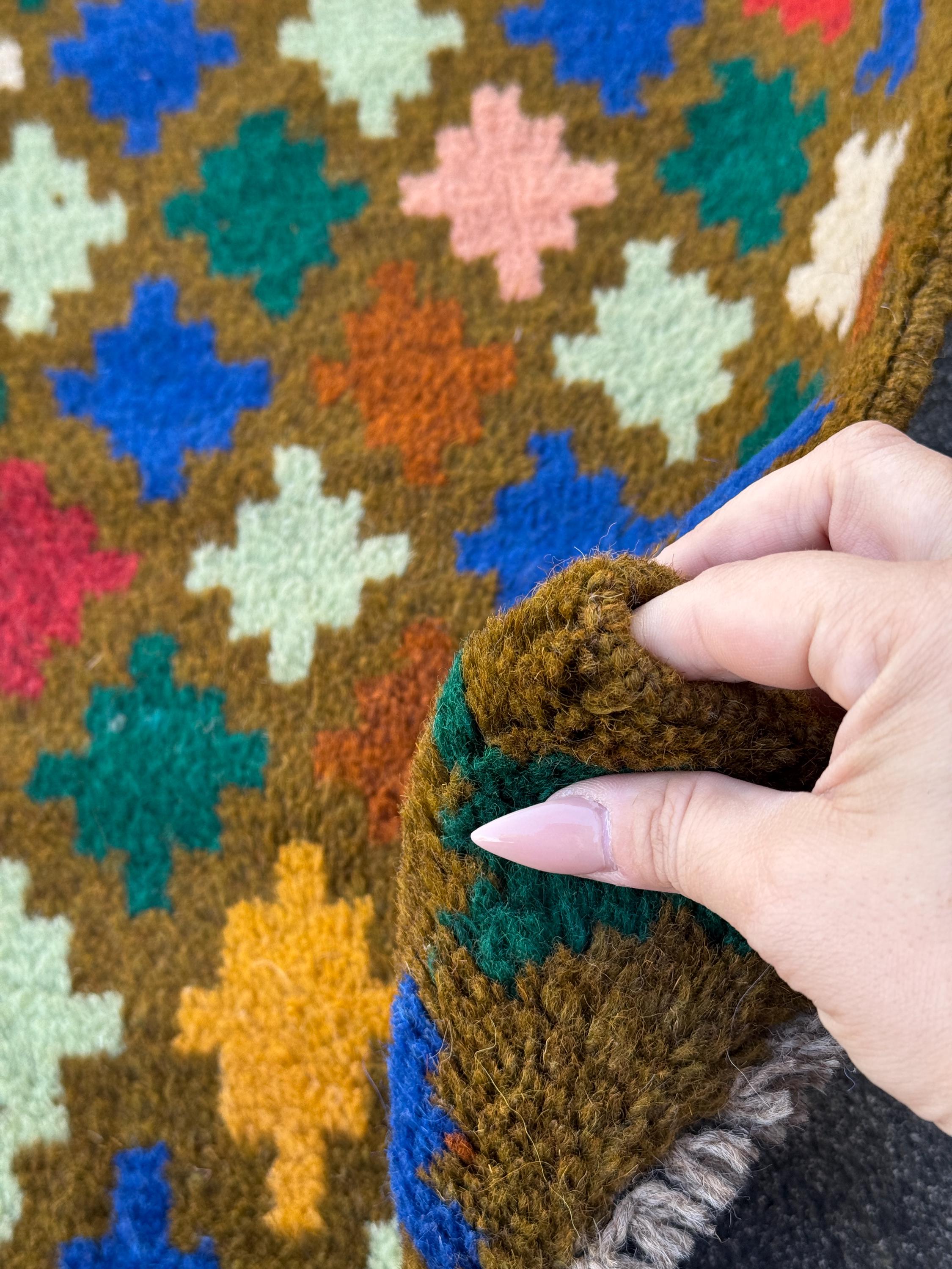 3x10 (90x305) Handmade Vintage Afghan Baluch Runner Rug | Moss Forest Pine Mint Green Rose Pink Burnt Orange Mustard Blue Cream White