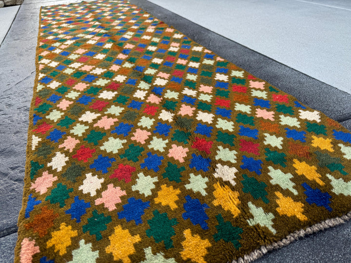 3x10 (90x305) Handmade Vintage Afghan Baluch Runner Rug | Moss Forest Pine Mint Green Rose Pink Burnt Orange Mustard Blue Cream White