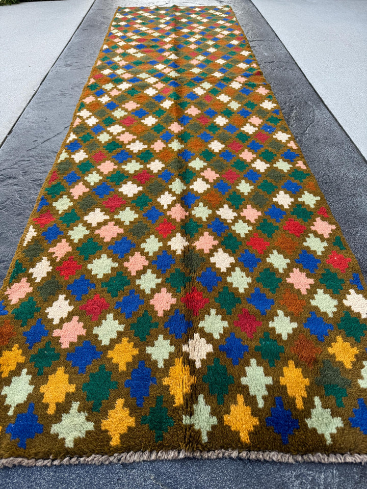3x10 (90x305) Handmade Vintage Afghan Baluch Runner Rug | Moss Forest Pine Mint Green Rose Pink Burnt Orange Mustard Blue Cream White