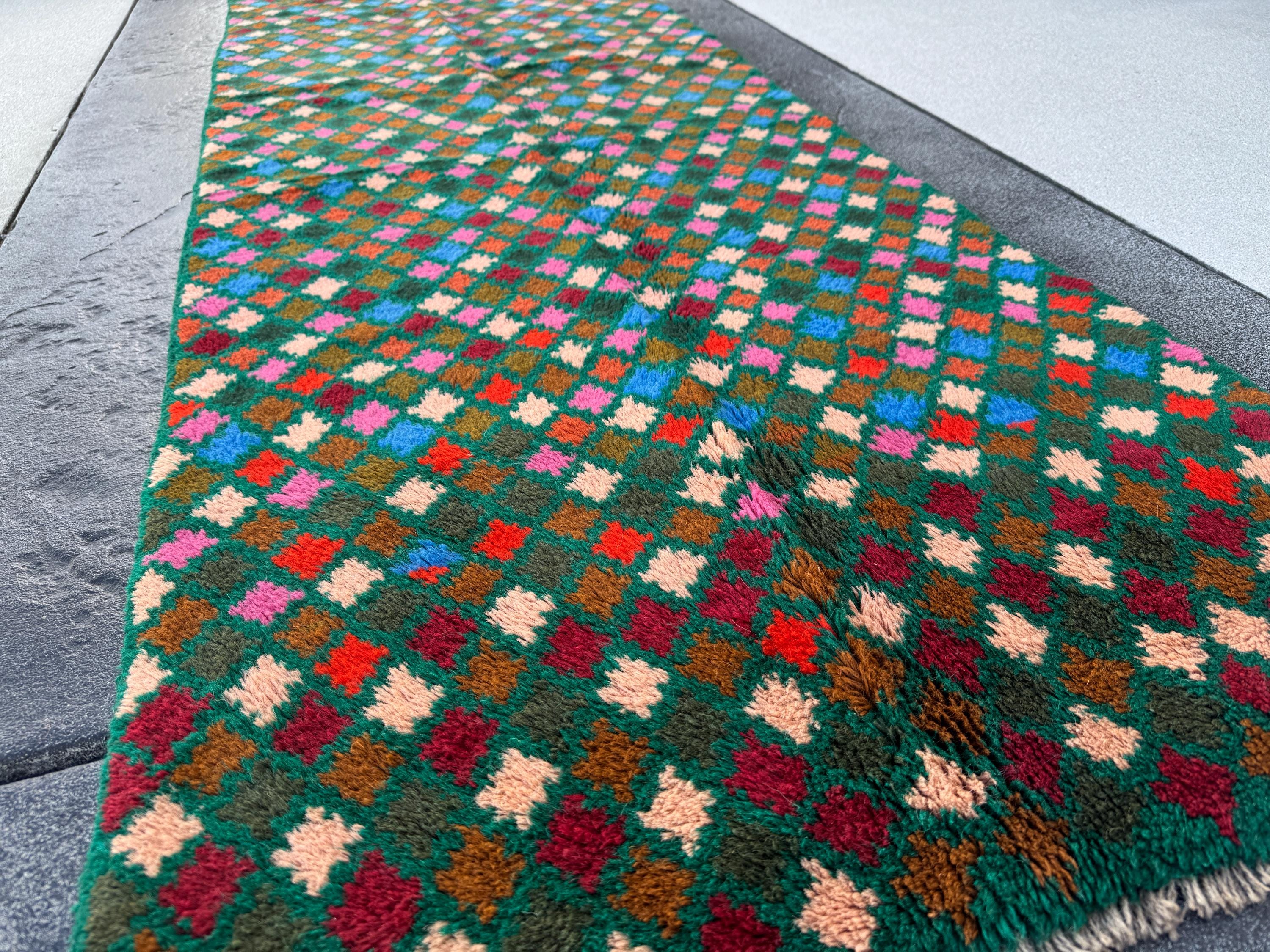 3x9 (90x275) Handmade Vintage Afghan Baluch Runner Rug | Forest Pine Moss Green Burnt Orange Brick Red Rose Salmon Pink Royal Sky Blue