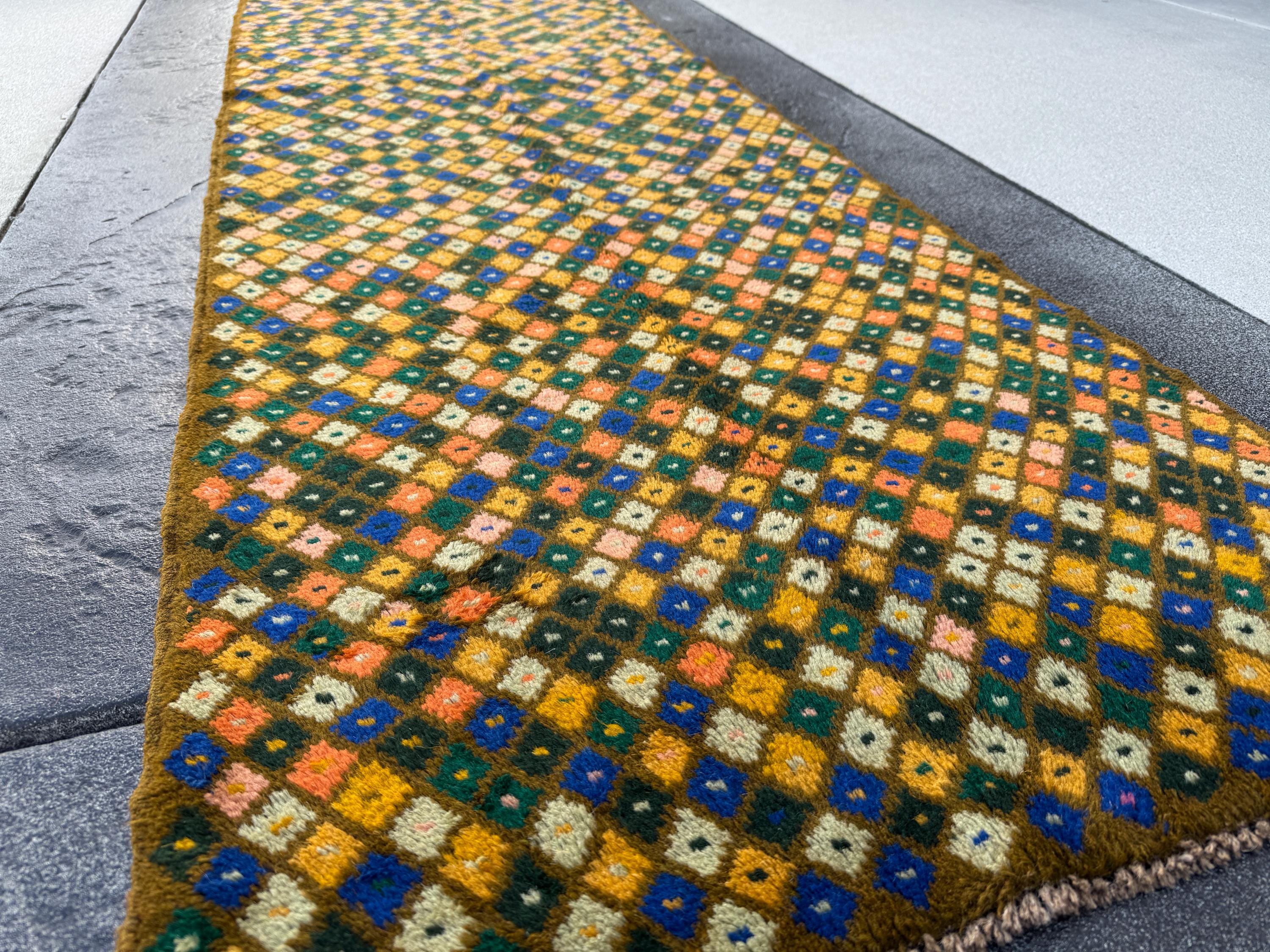 3x10 (90x305) Handmade Vintage Afghan Baluch Runner Rug | Moss Forest Pine Mint Green Rose Pink Peach Mustard Blue Cream White | Wool