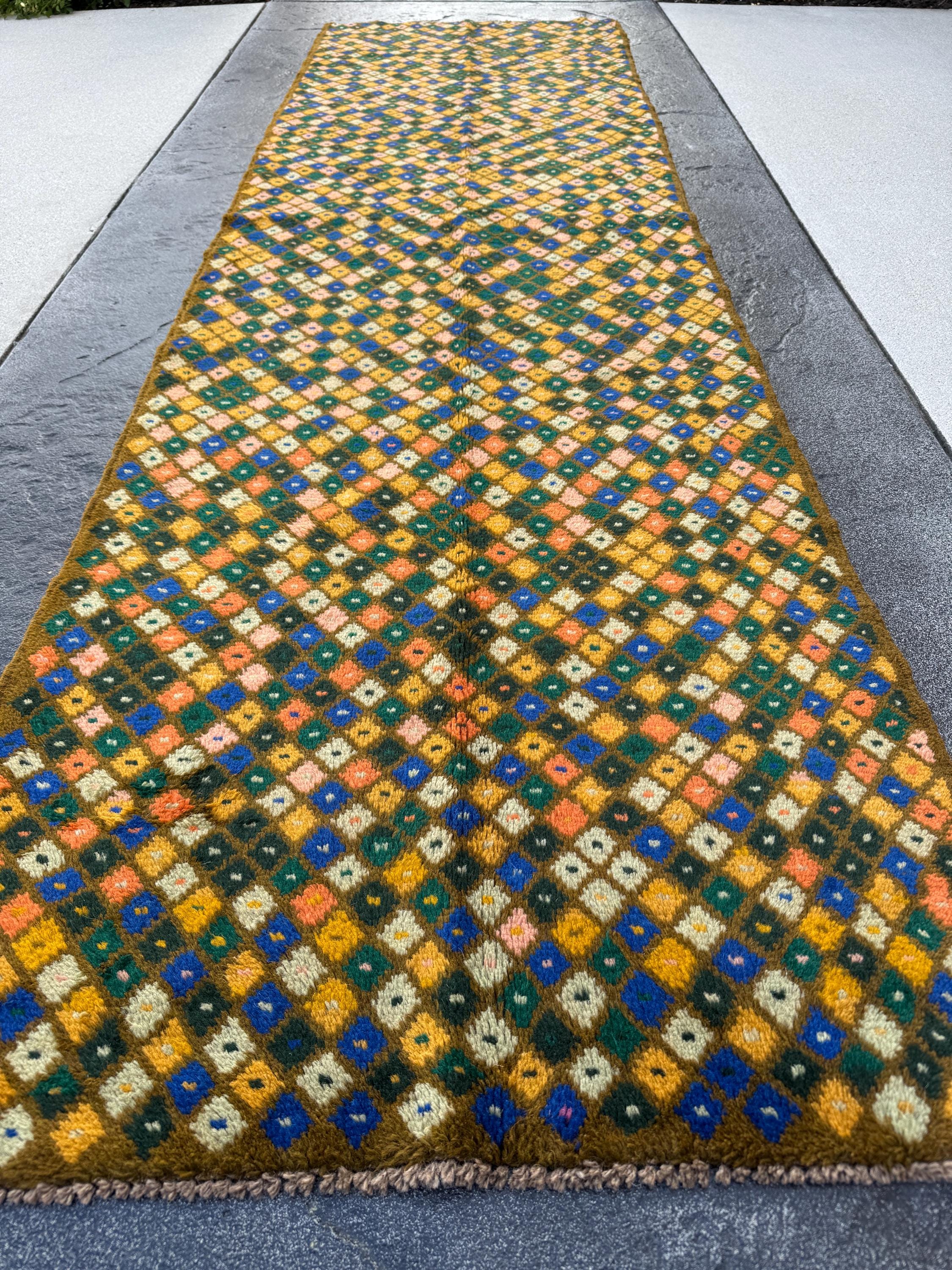 3x10 (90x305) Handmade Vintage Afghan Baluch Runner Rug | Moss Forest Pine Mint Green Rose Pink Peach Mustard Blue Cream White | Wool