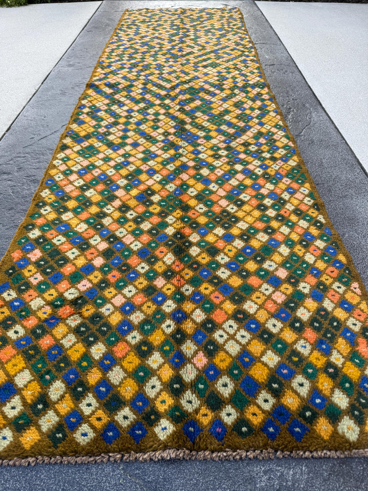 3x10 (90x305) Handmade Vintage Afghan Baluch Runner Rug | Moss Forest Pine Mint Green Rose Pink Peach Mustard Blue Cream White | Wool