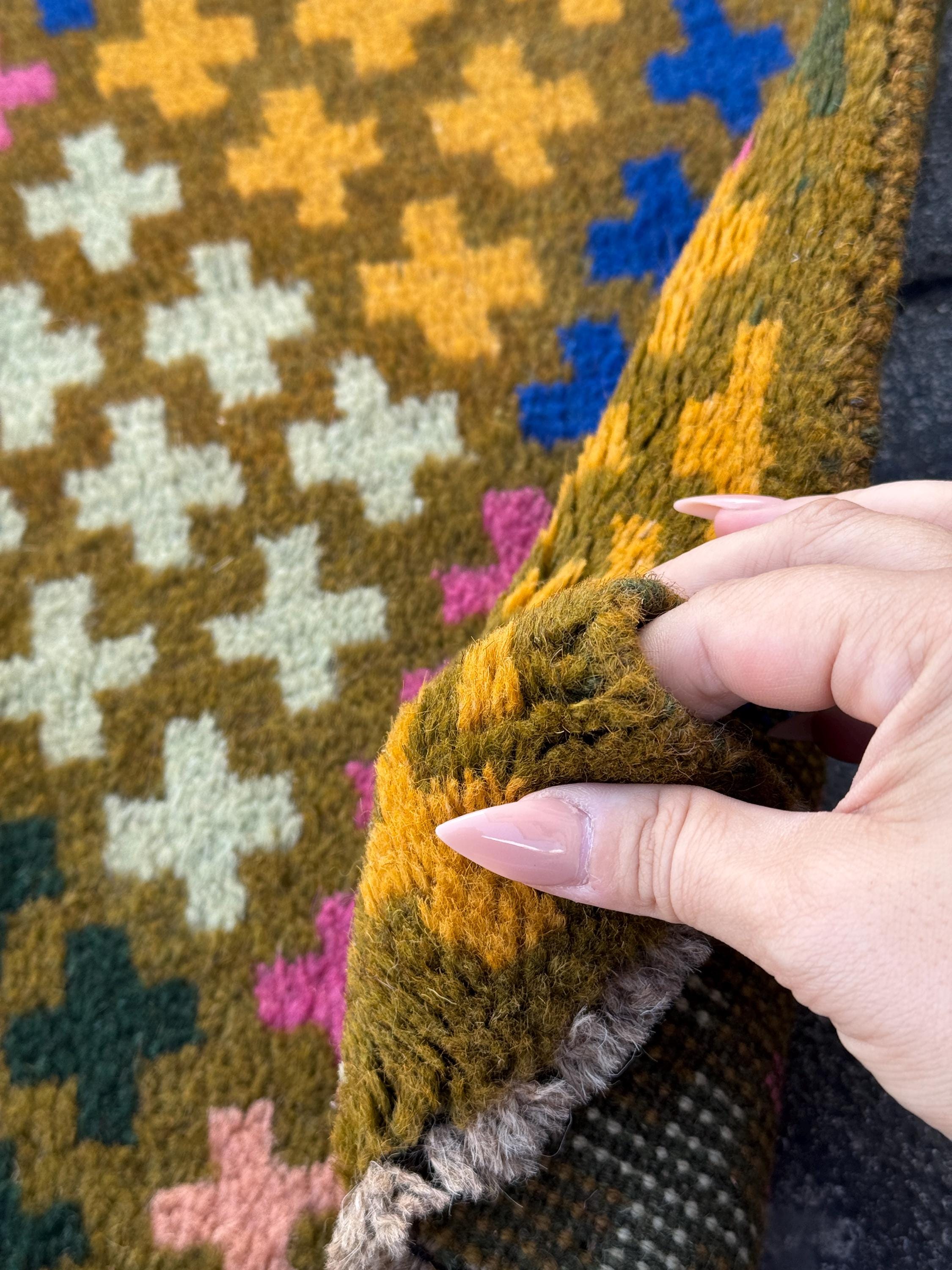 3x10 (90x305) Handmade Vintage Afghan Baluch Runner Rug | Moss Forest Pine Mint Green Rose Salmon Pink Peach Mustard Blue | Wool Flatwoven