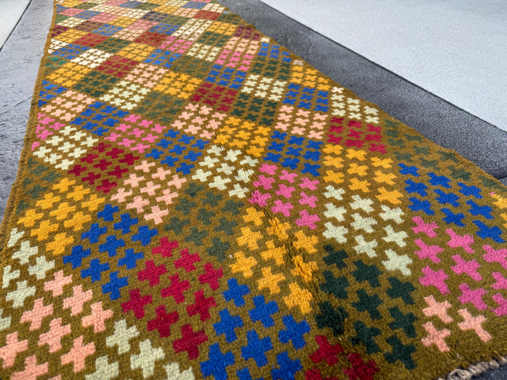 3x10 (90x305) Handmade Vintage Afghan Baluch Runner Rug | Moss Forest Pine Mint Green Rose Salmon Pink Peach Mustard Blue | Wool Flatwoven