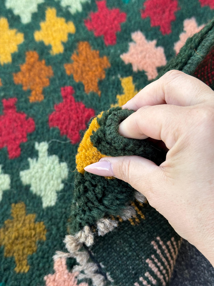 3x10 (90x305) Handmade Vintage Afghan Baluch Runner Rug | Forest Moss Pine Mint Green Rose Salmon Pink Burnt Orange Mustard Cream White