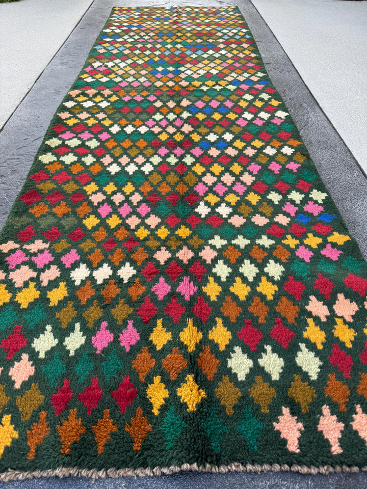 3x10 (90x305) Handmade Vintage Afghan Baluch Runner Rug | Forest Moss Pine Mint Green Rose Salmon Pink Burnt Orange Mustard Cream White