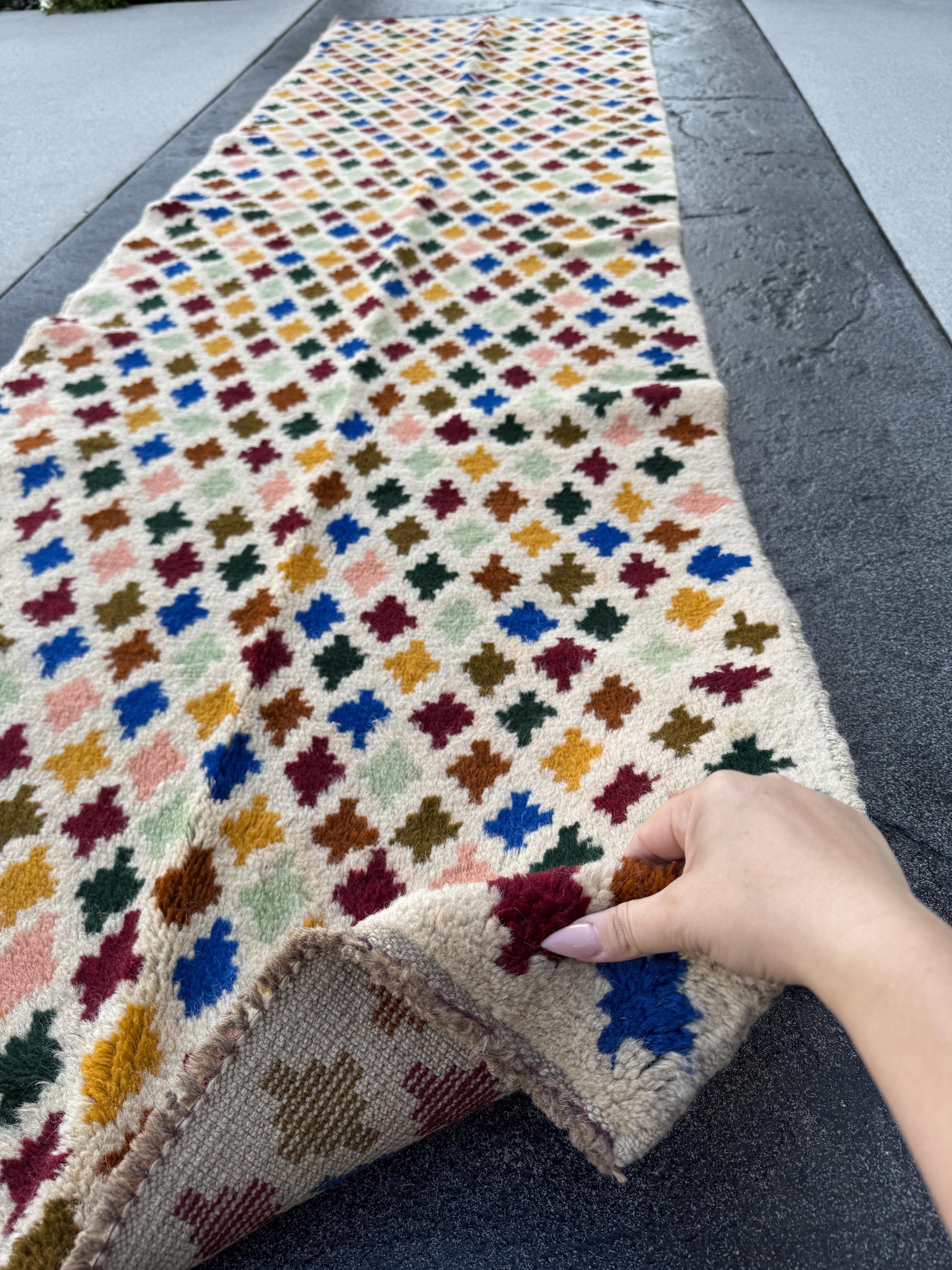 3x9 (90x275) Handmade Vintage Afghan Baluch Runner Rug | Cream White Beige Mint Forest Green Mustard Copper Brown Blue Salmon Pink | Wool
