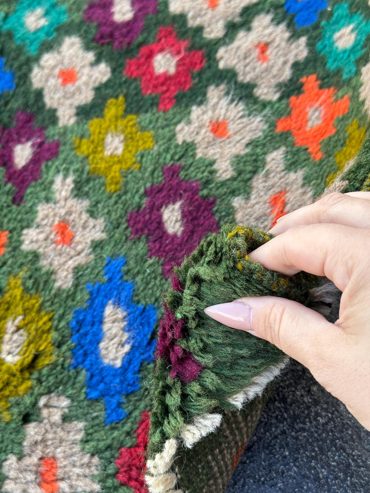 3x10 (90x305) Handmade Vintage Afghan Baluch Runner Rug | Forest Pine Olive Green Orange Charcoal Grey Maroon Blue | Wool Flatwoven
