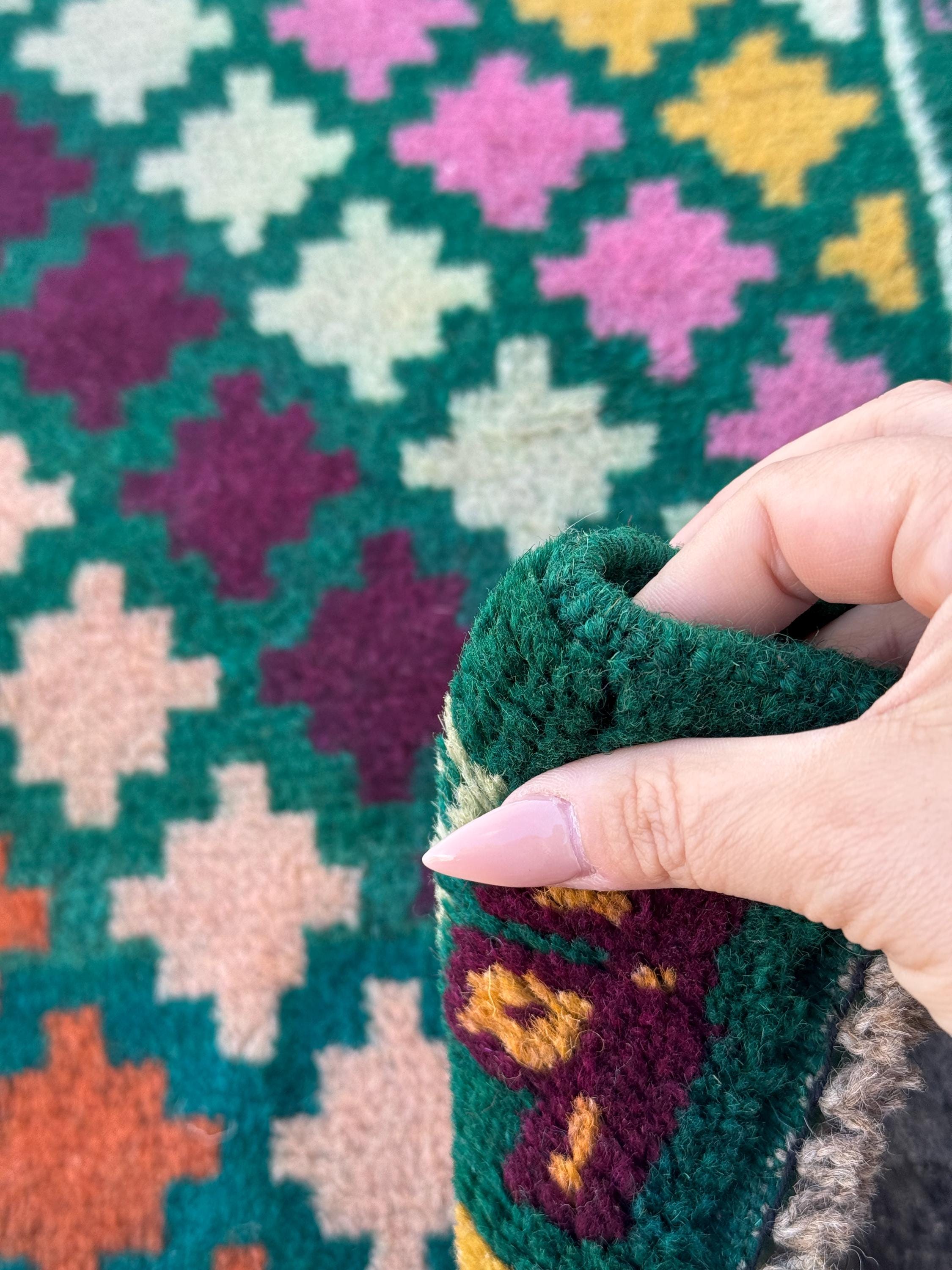 3x10 (90x305) Handmade Vintage Afghan Baluch Runner Rug | Forest Pine Mint Green Copper Brown Rose Salmon Pink Cream White Mustard Maroon