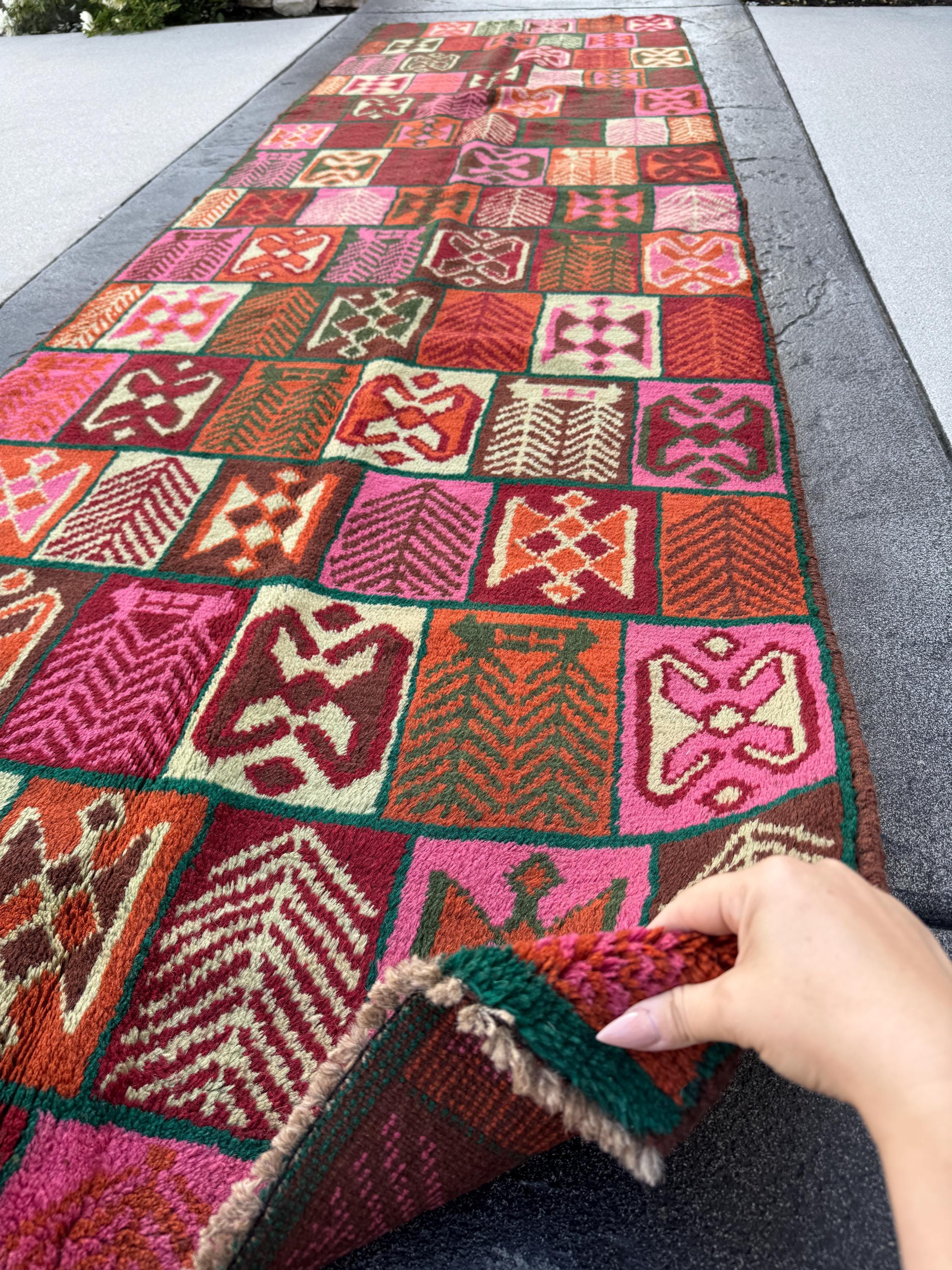 3x10 (90x305) Handmade Vintage Afghan Baluch Runner Rug | Forest Green Brick Red Burnt Orange Cream Beige Maroon Rose Pink | Wool Flatwoven