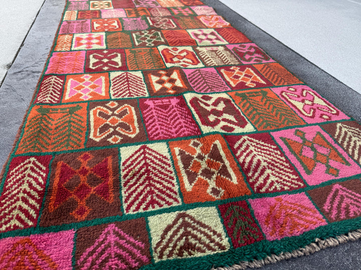 3x10 (90x305) Handmade Vintage Afghan Baluch Runner Rug | Forest Green Brick Red Burnt Orange Cream Beige Maroon Rose Pink | Wool Flatwoven