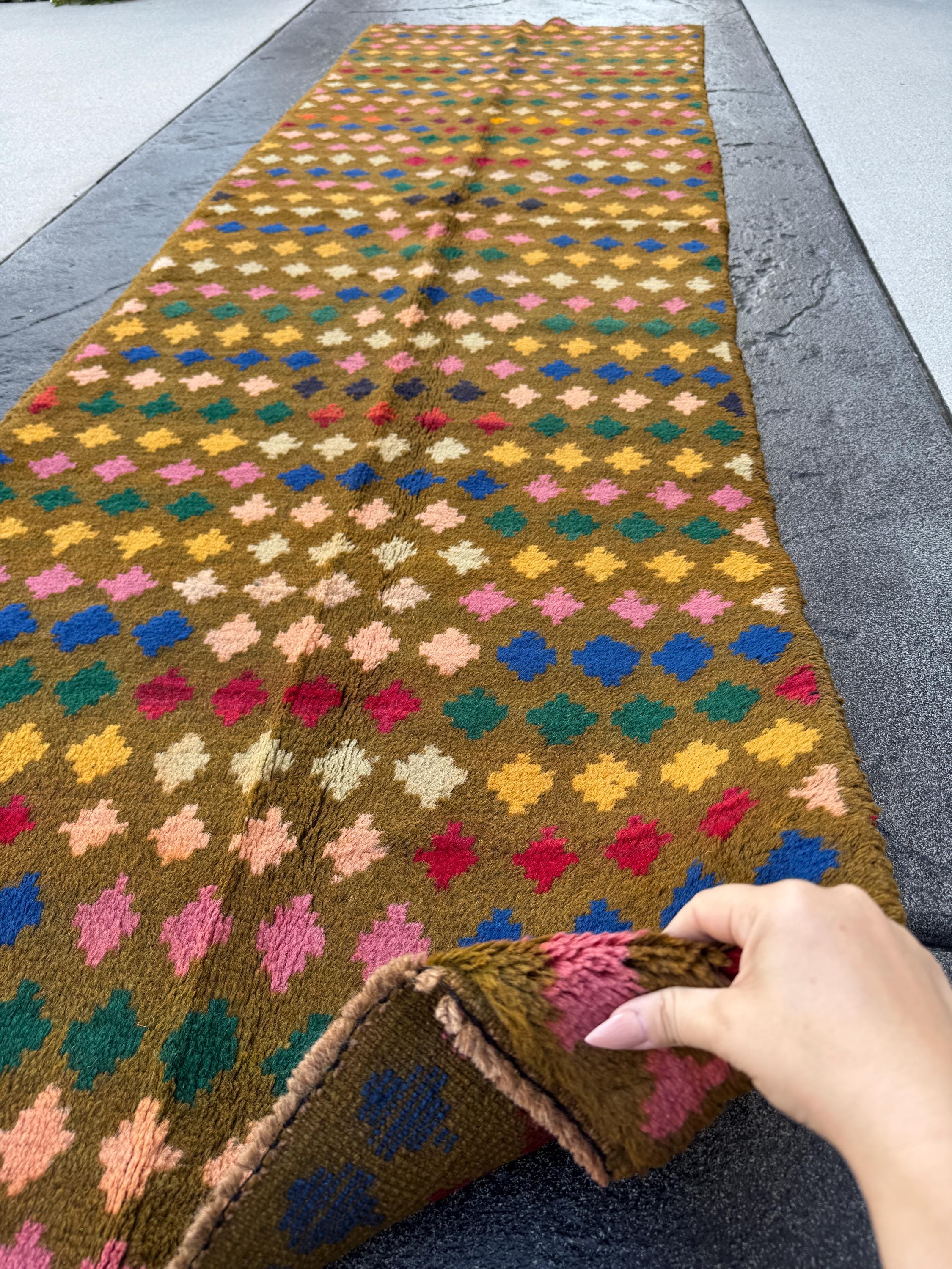 3x9 (90x275) Handmade Vintage Afghan Baluch Runner Rug | Chocolate Brown Rose Salmon Pink Forest Mint Green Blue Brick Red Mustard Yellow