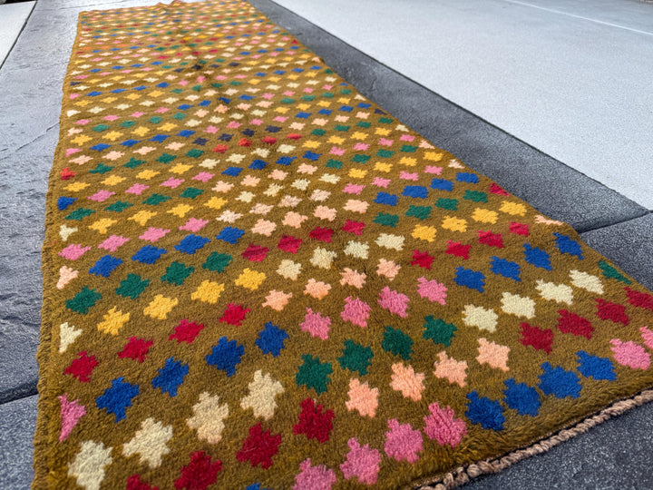 3x9 (90x275) Handmade Vintage Afghan Baluch Runner Rug | Chocolate Brown Rose Salmon Pink Forest Mint Green Blue Brick Red Mustard Yellow