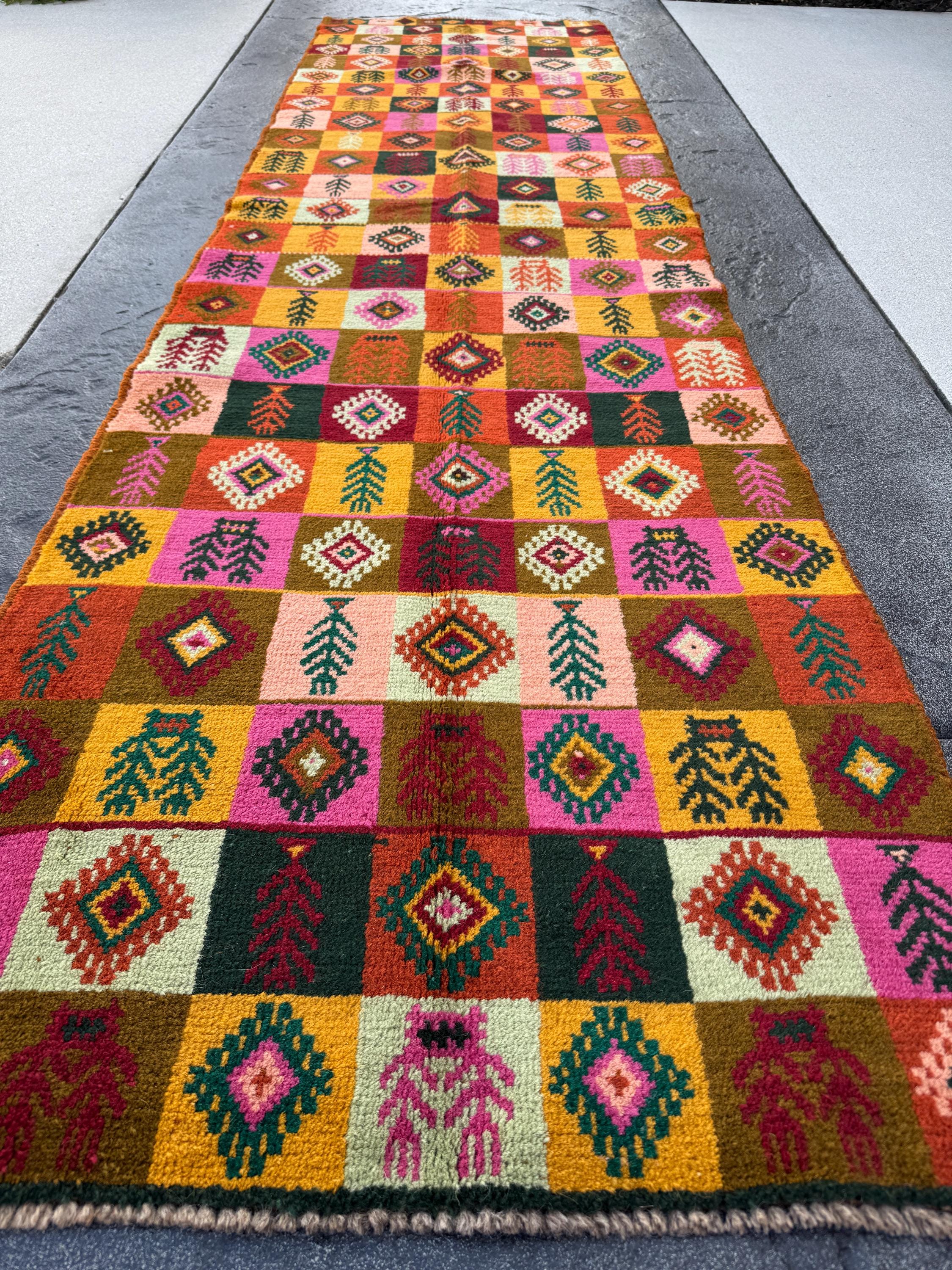 3x10 Handmade Vintage Afghan Baluch Runner Rug | Burnt Orange Chocolate Brown Brick Red Rose Salmon Pink Forest Green Mustard Gold | Wool